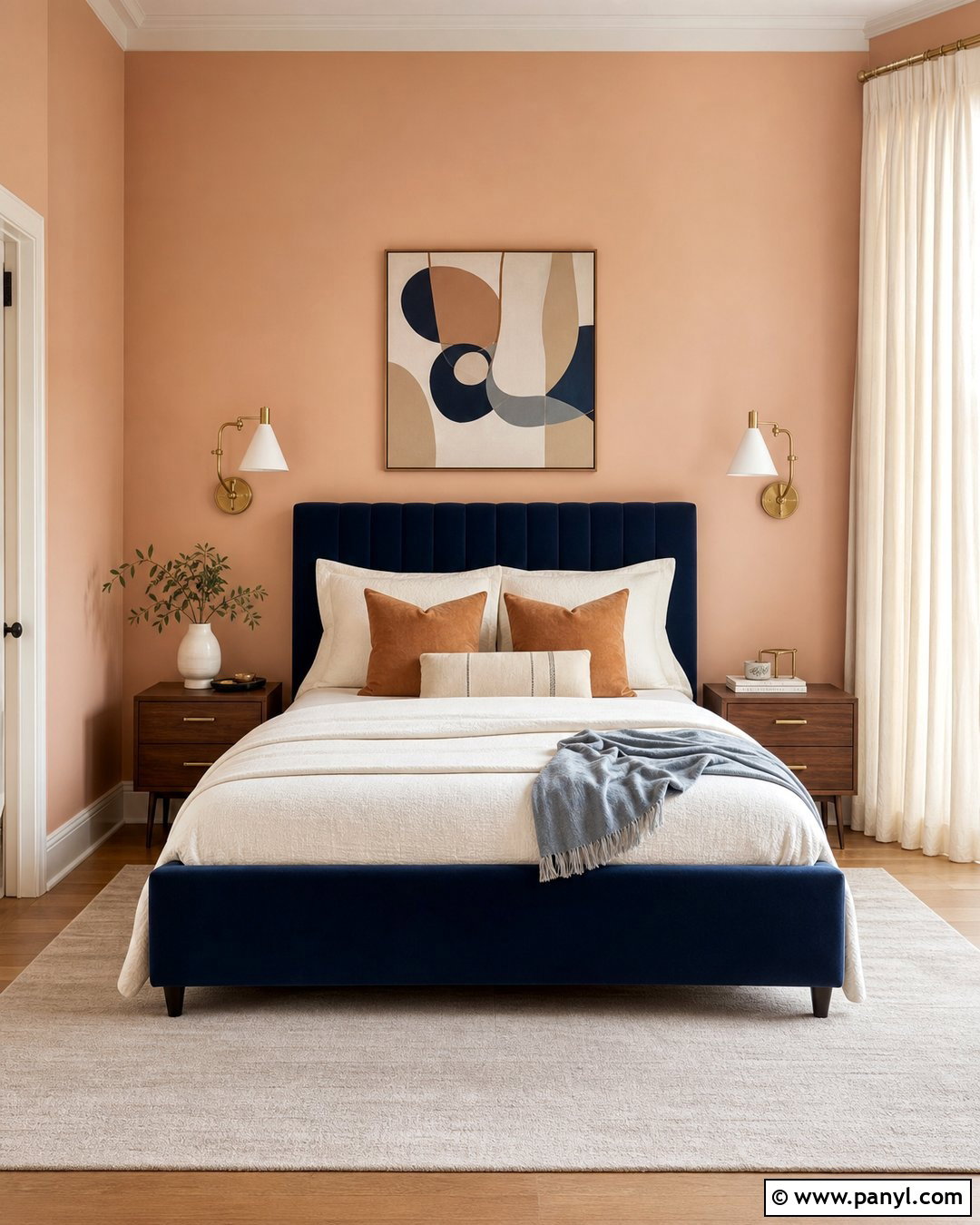 Light Peach Walls In A Navy Bedroom - 35 Light Peach Wall Color Ideas
