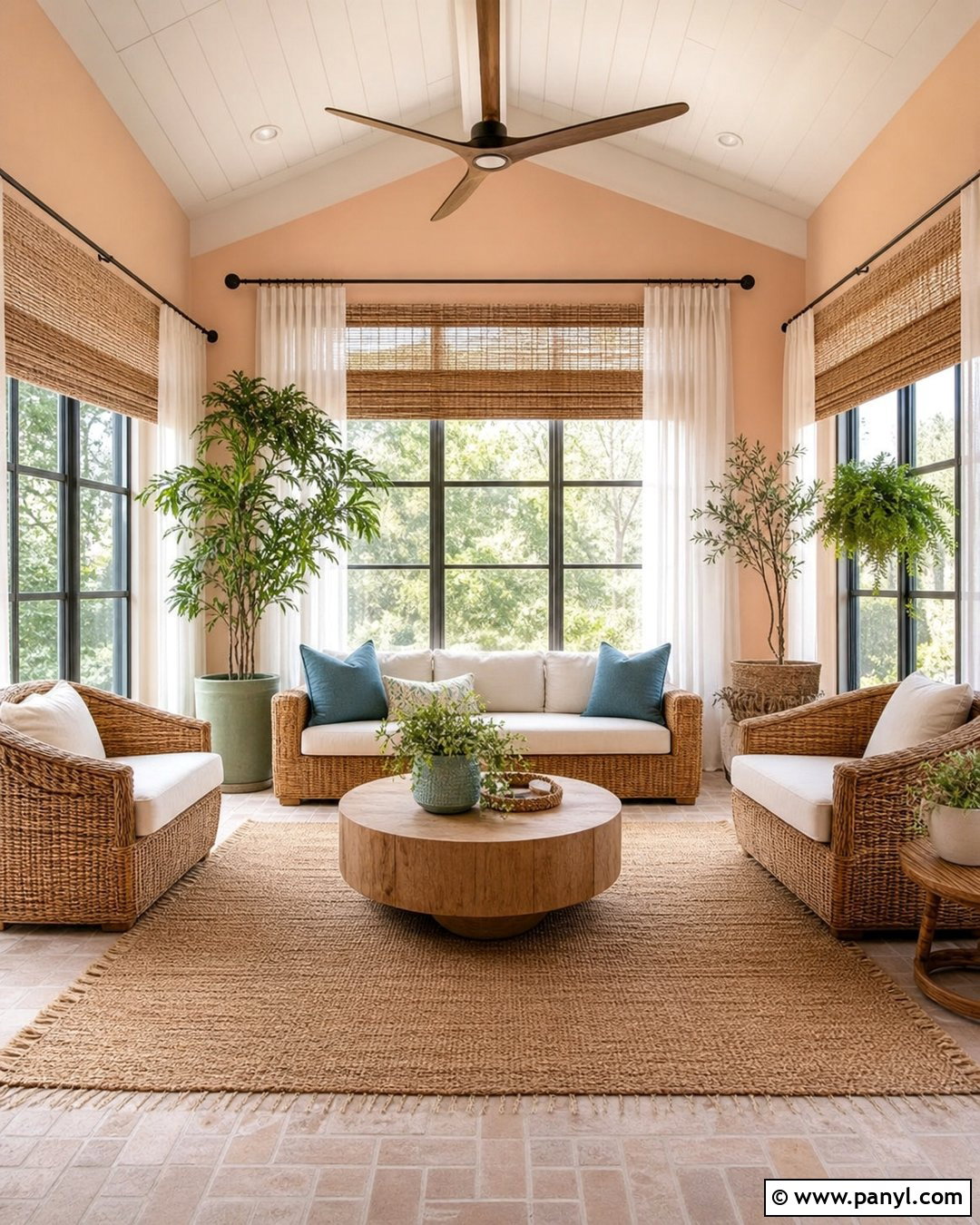 Light Peach Walls In A Rattan Sunroom - 35 Light Peach Wall Color Ideas