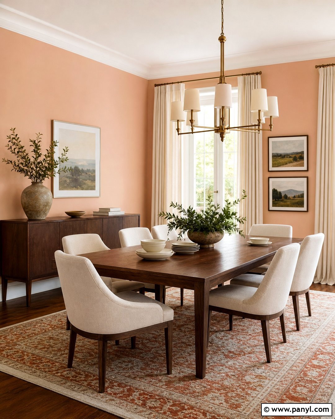 Light Peach Walls In A Walnut Dining Room - 35 Light Peach Wall Color Ideas