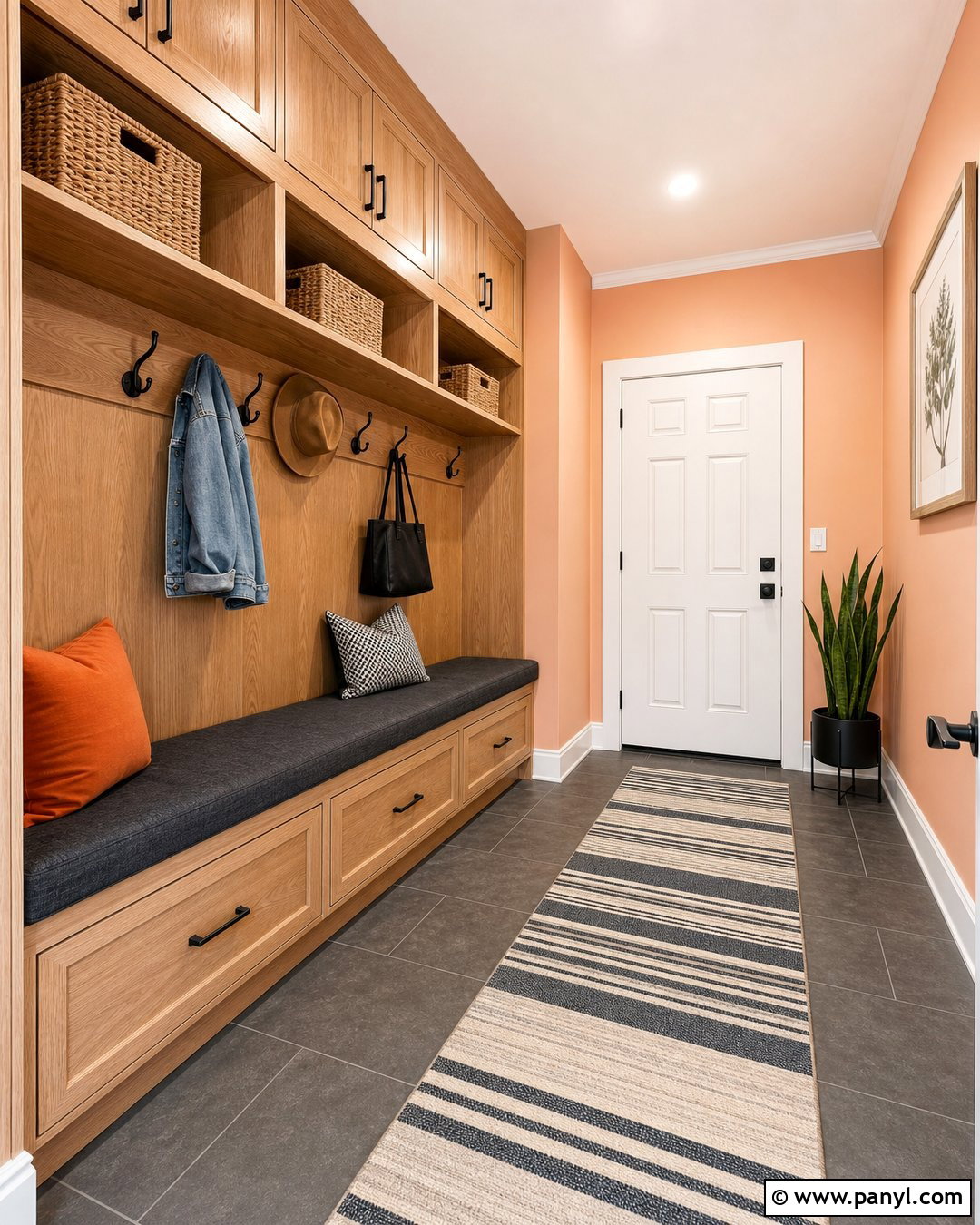 Light Peach Walls In An Oak Mudroom - 35 Light Peach Wall Color Ideas
