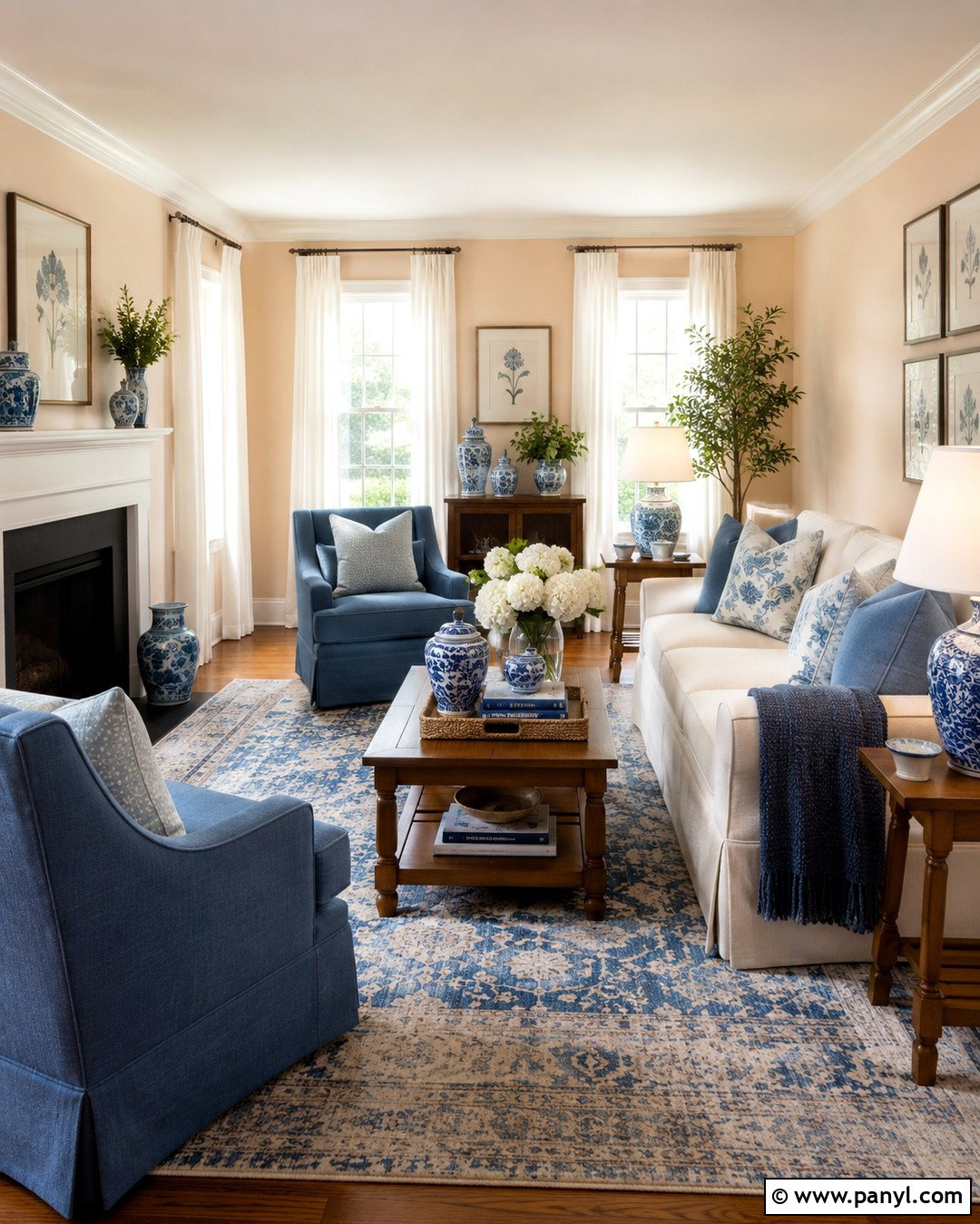 Light Peach Walls With Blue And White Decor - 20 Light Peach Walls Living Room Ideas