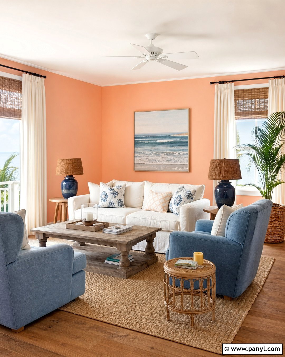 Light Peach Walls With Coastal Blue Decor - 35 Light Peach Wall Color Ideas