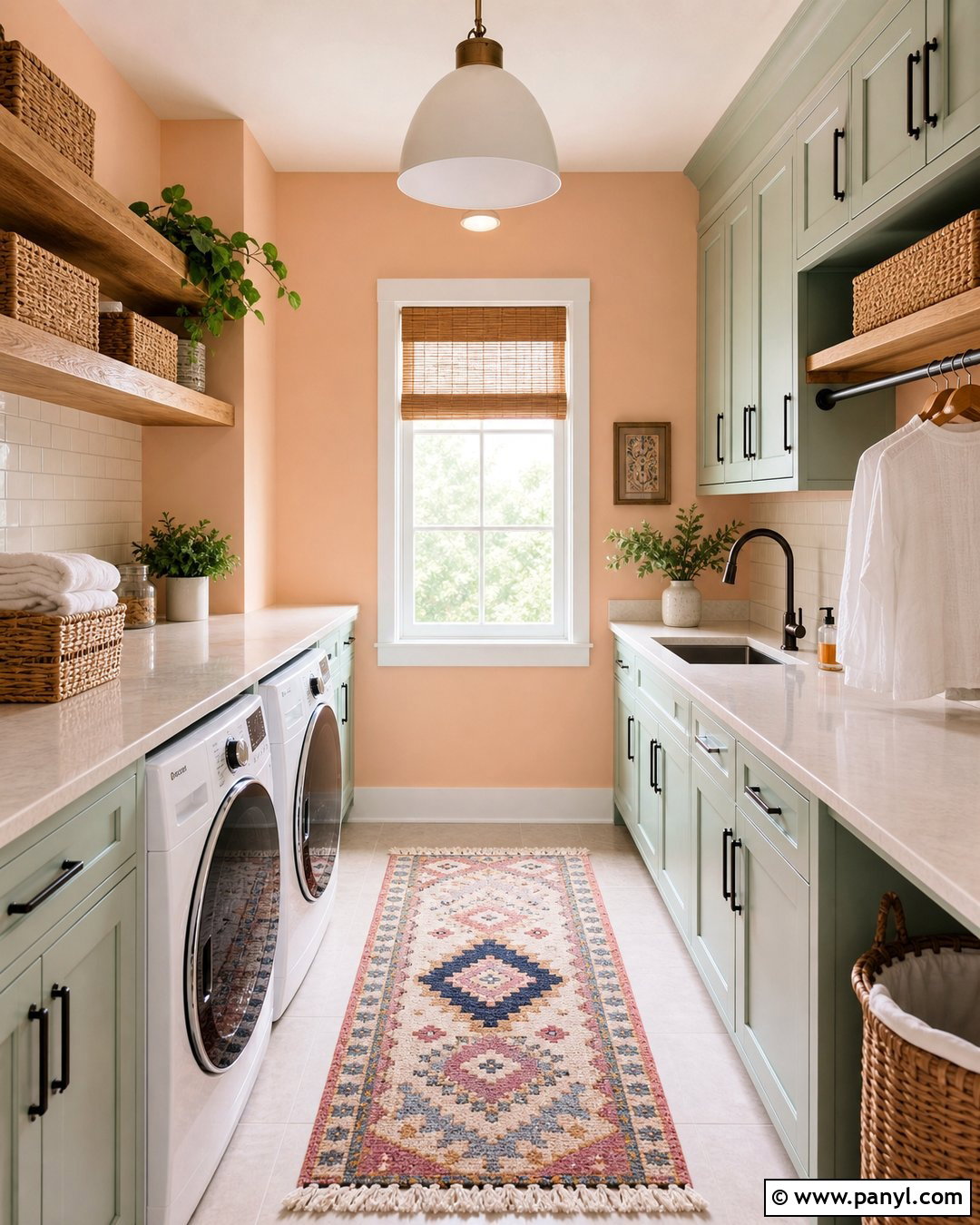 Light Peach Walls With Mint Laundry Cabinets - 35 Light Peach Wall Color Ideas