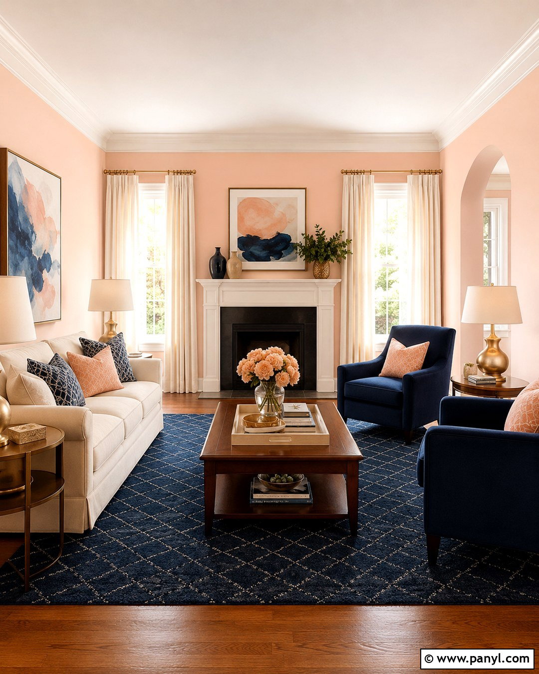 Light Peach Walls With Navy Blue Accents - 20 Light Peach Walls Living Room Ideas