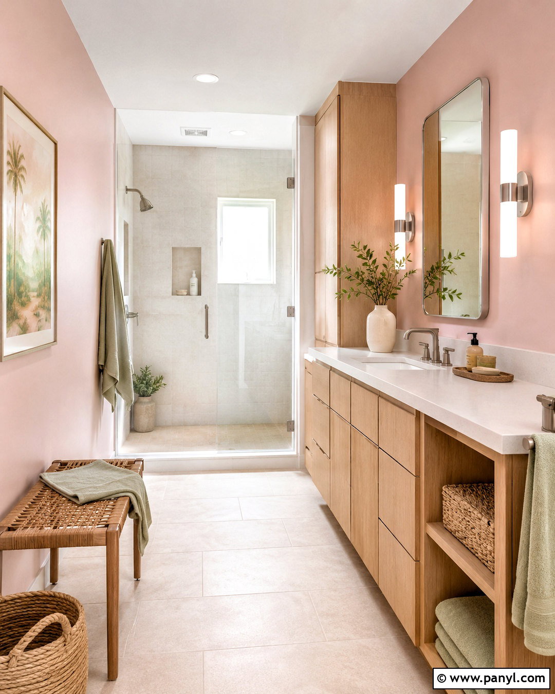 Light Pink Bathroom Walls With Natural Wood Vanity - 20 light pink bathroom walls