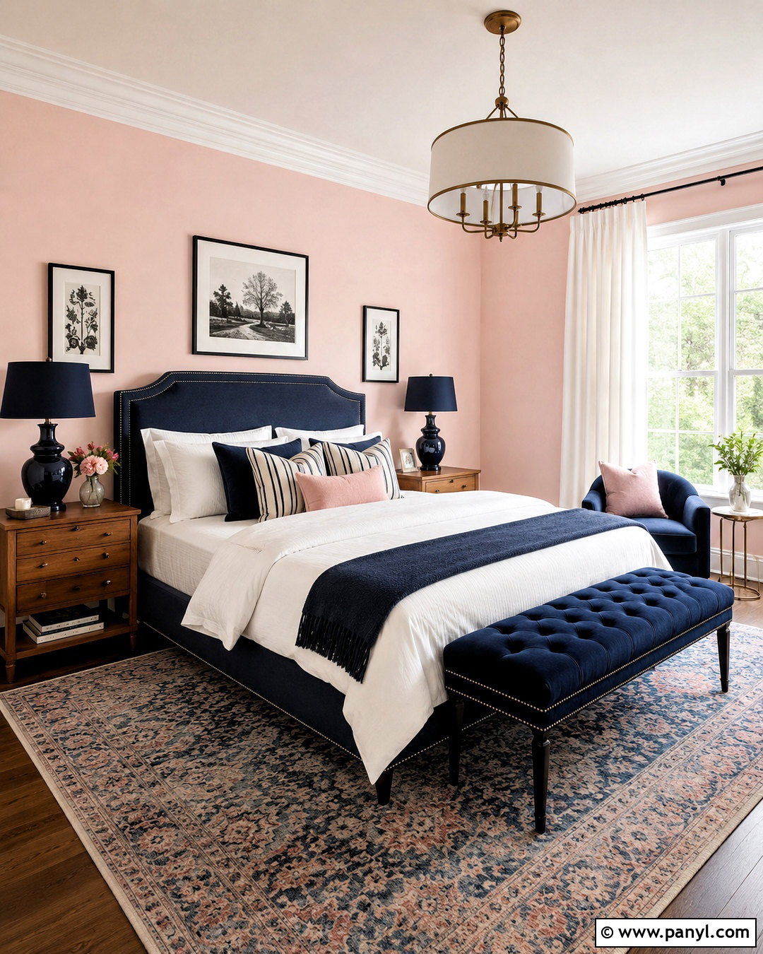 Light Pink Bedroom With Navy Accents - 40 light pink walls