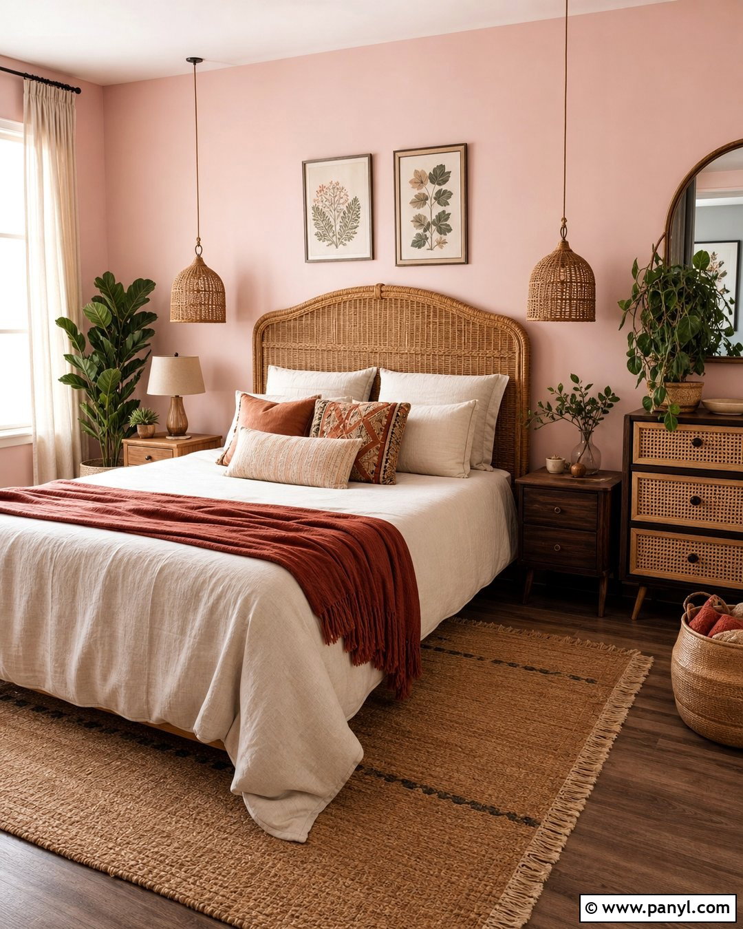 Light Pink Boho Bedroom Walls With Rattan - 35 Light Pink Room Walls
