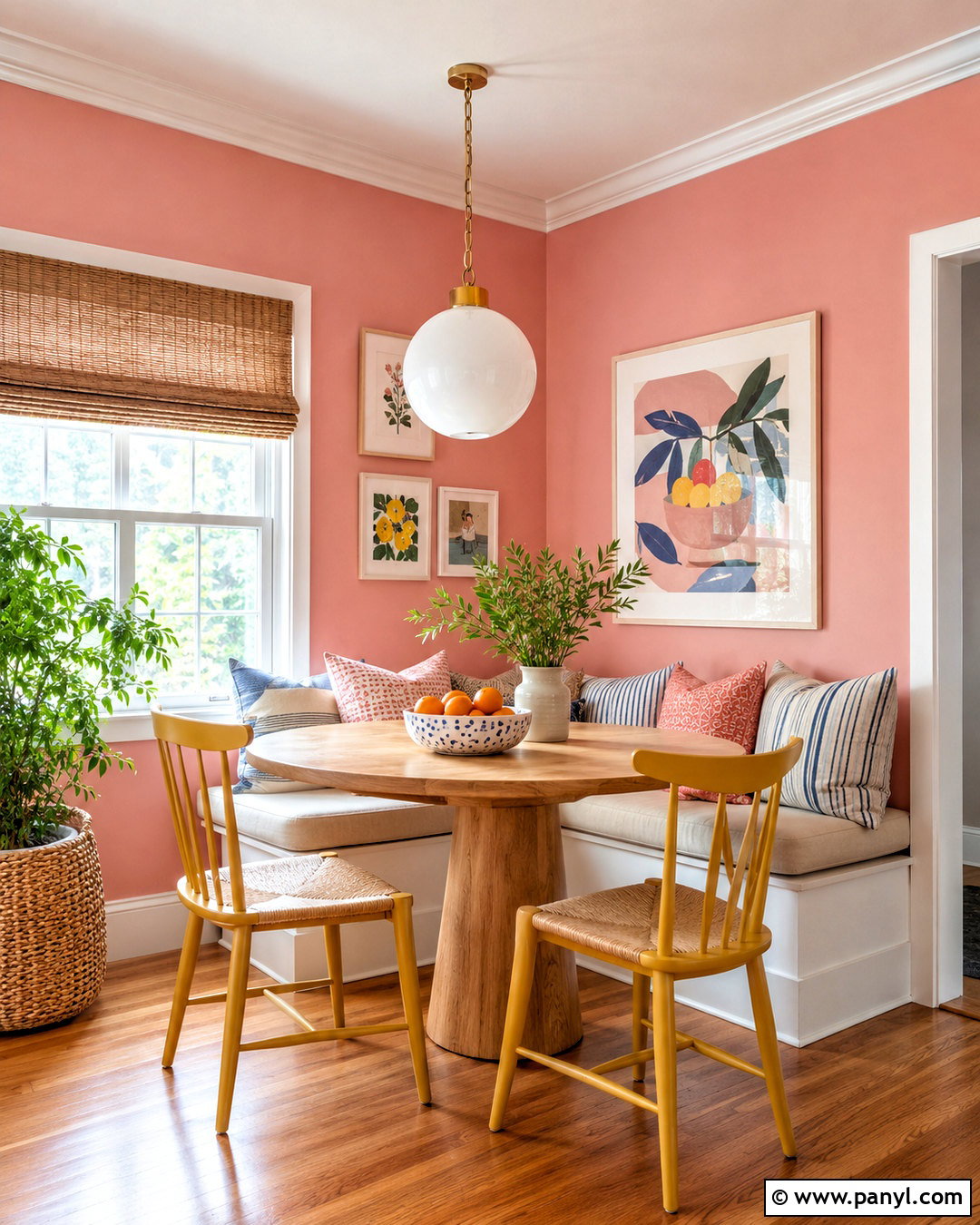 Light Pink Breakfast Nook With Yellow Chairs - 40 light pink walls