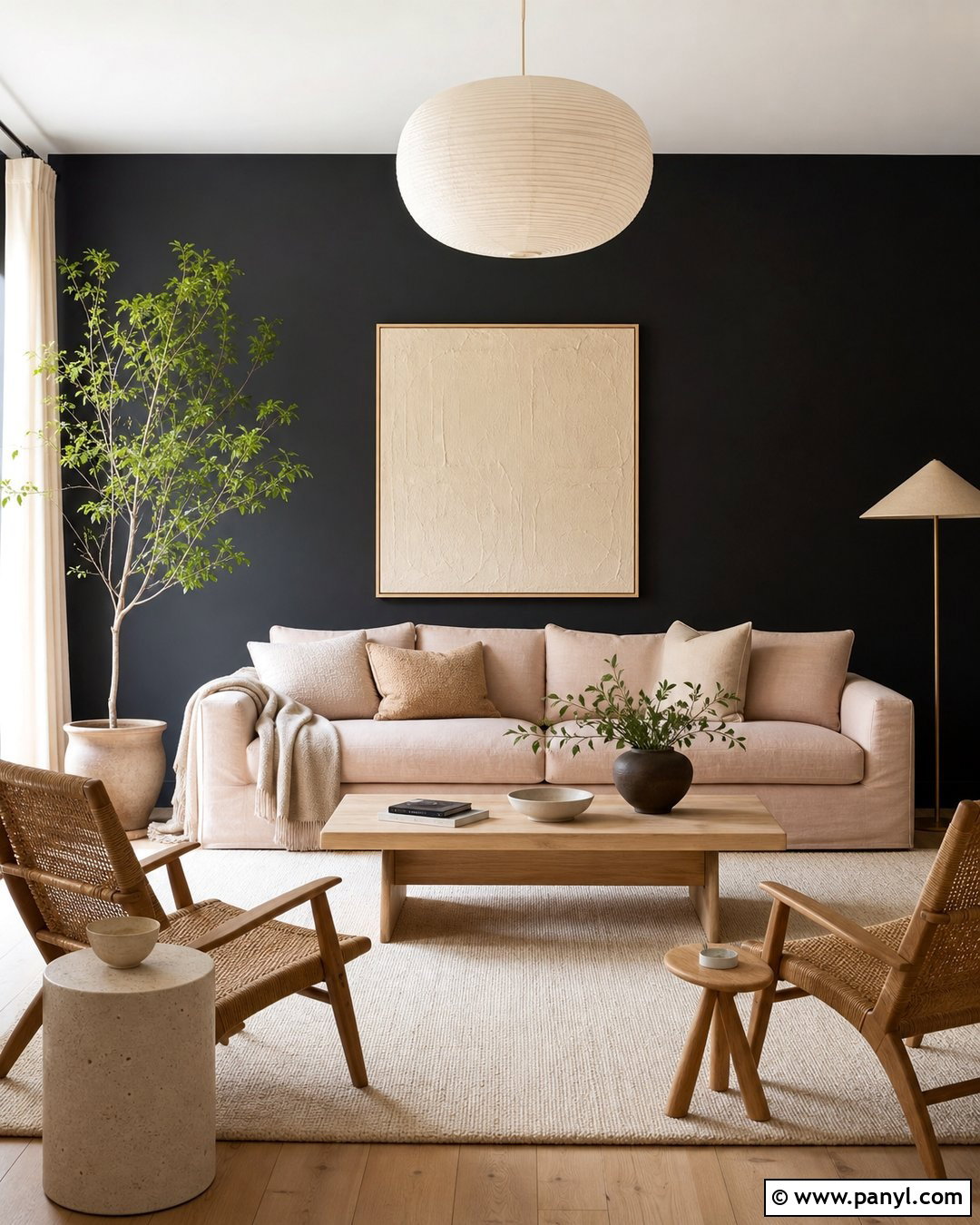 Light Pink Couch With Black Wall And Neutral Textures - 20 Pink Couch Black Wall Ideas