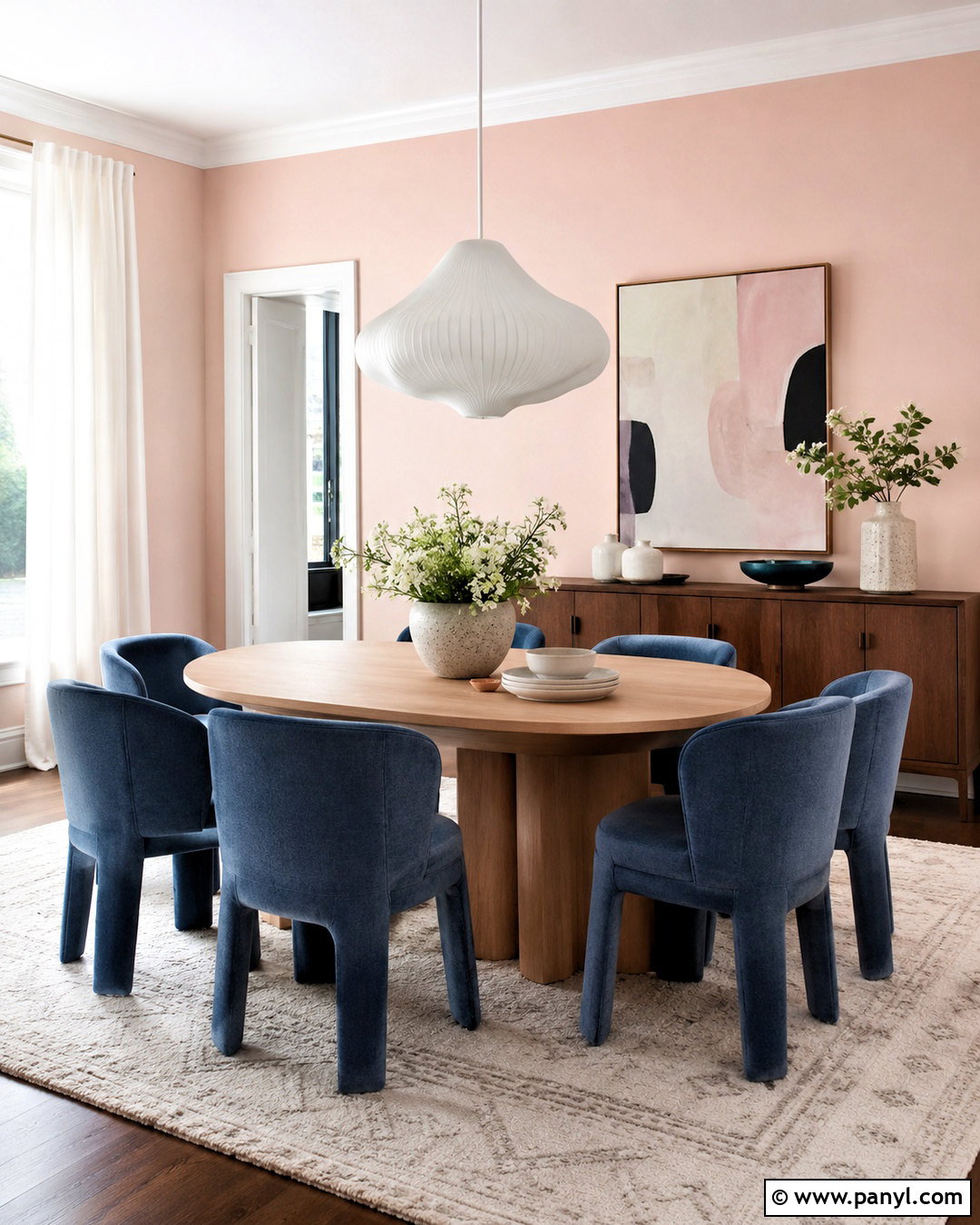 Light Pink Dining Room With Blue Chairs - 40 light pink walls