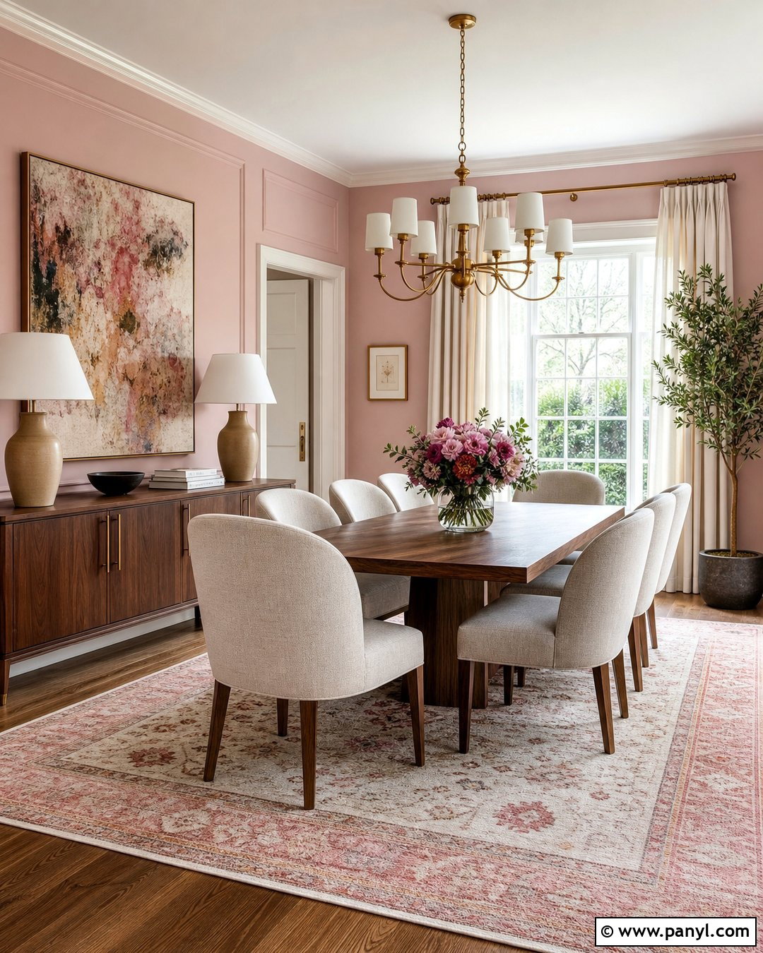 Light Pink Dining Room With Walnut Furniture - 30 Light Pink Wall Color Ideas