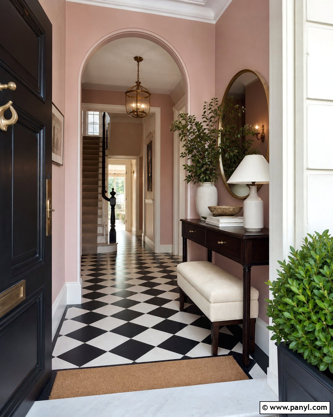 Light Pink Entryway With Checkerboard Flooring - 30 Light Pink Wall Color Ideas