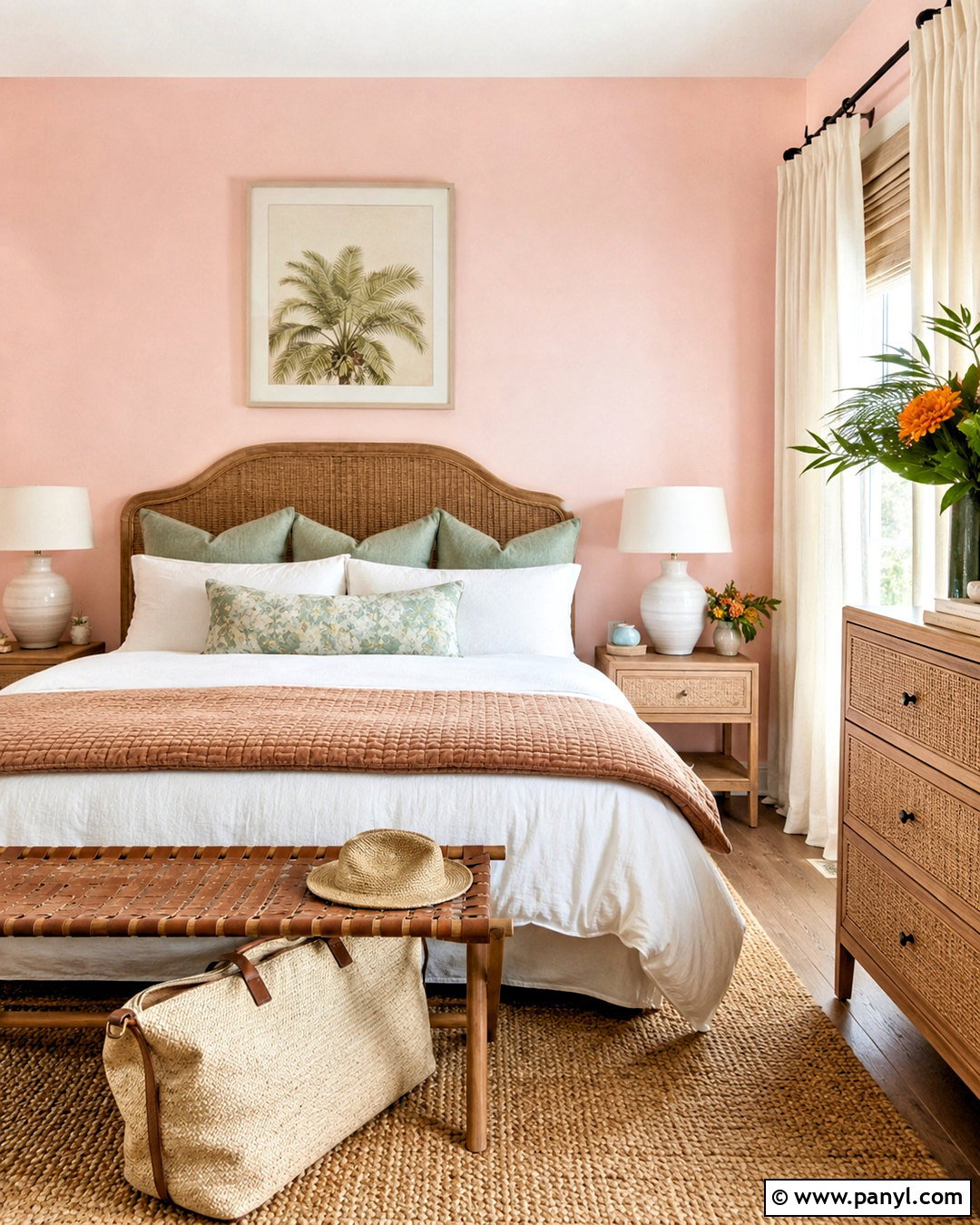 Light Pink Guest Room With Rattan Furniture - 40 light pink walls