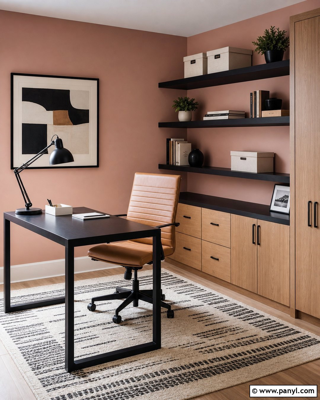 Light Pink Home Office Walls With Black Accents - 35 Light Pink Room Walls