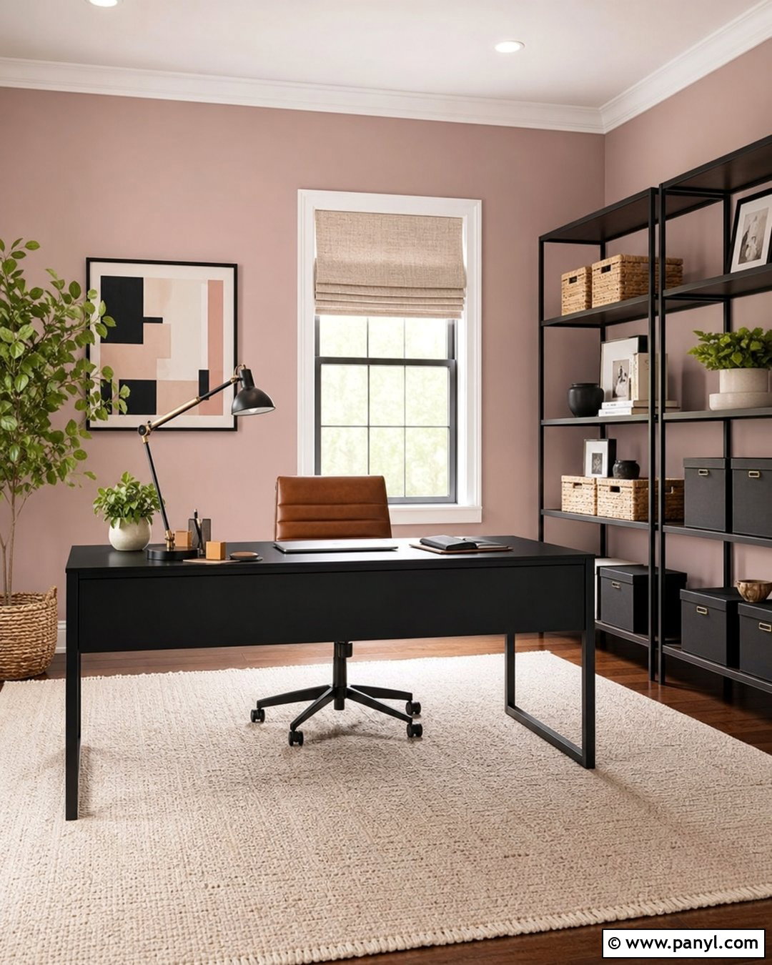 Light Pink Home Office With Black Accents - 30 Light Pink Wall Color Ideas