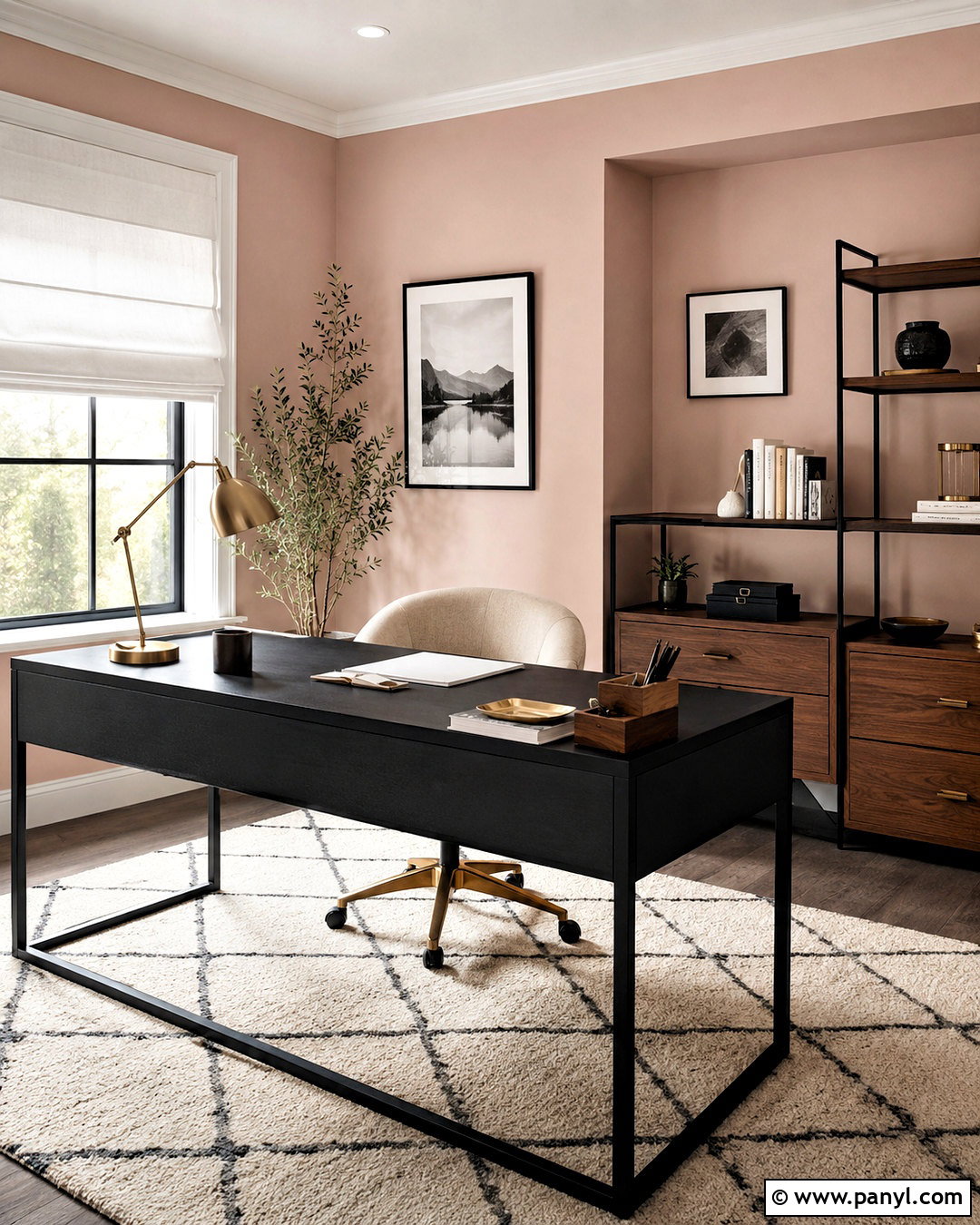 Light Pink Home Office With Black Desk - 40 light pink walls