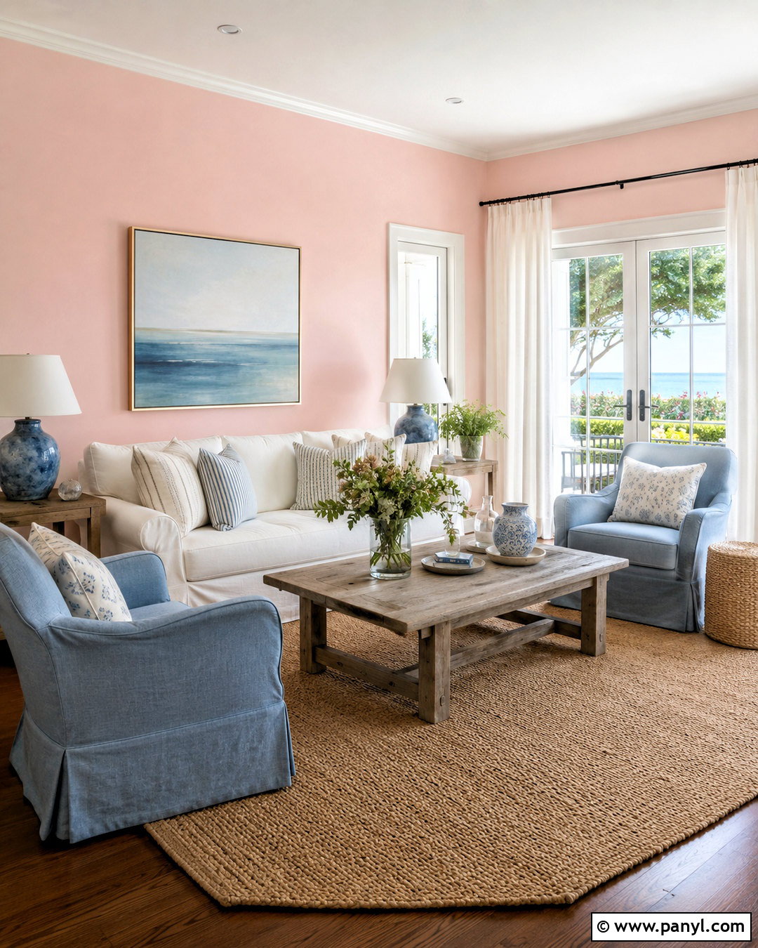 Light Pink Living Room With Coastal Decor - 40 light pink walls