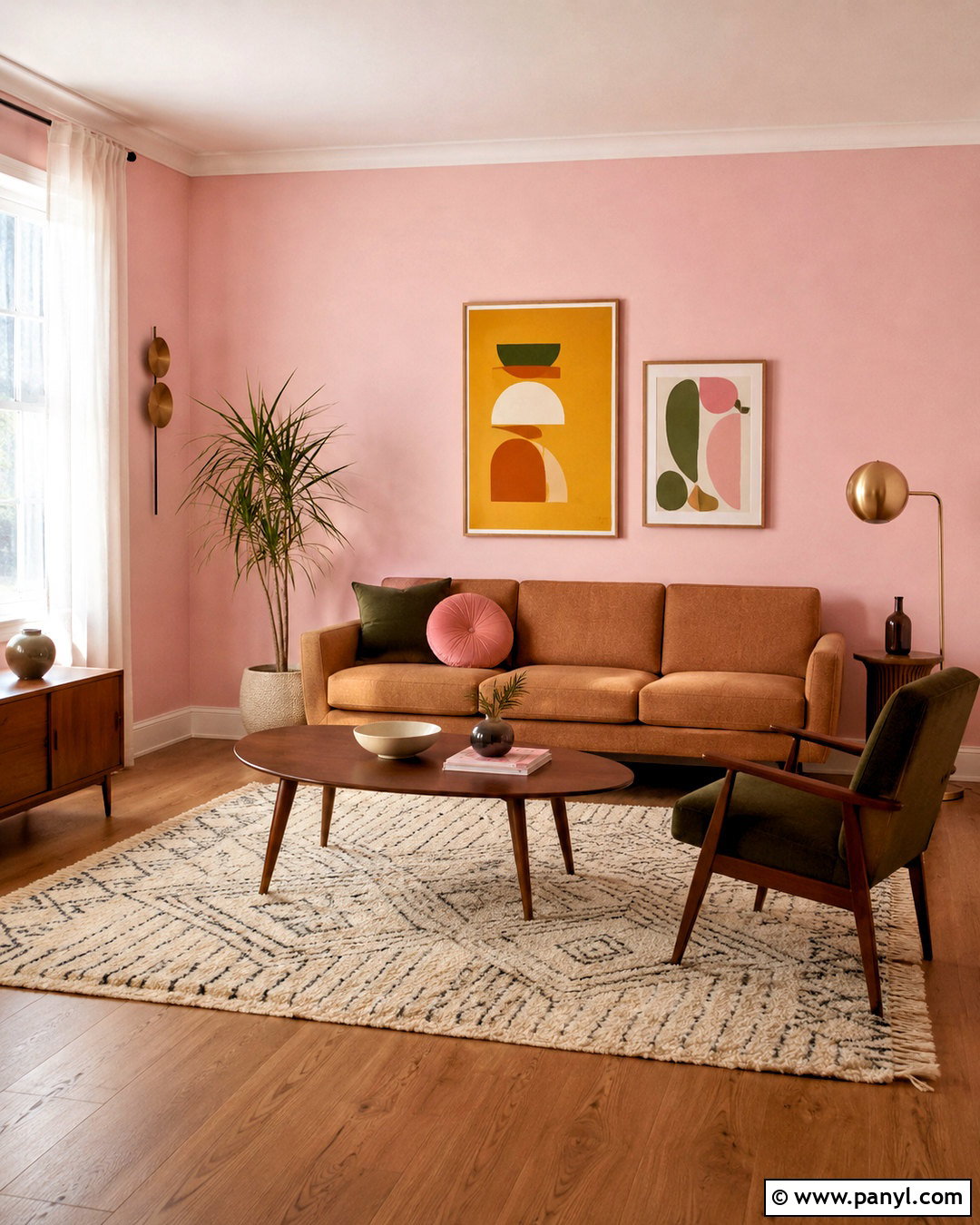 Light Pink Living Room With Midcentury Furniture - 40 light pink walls