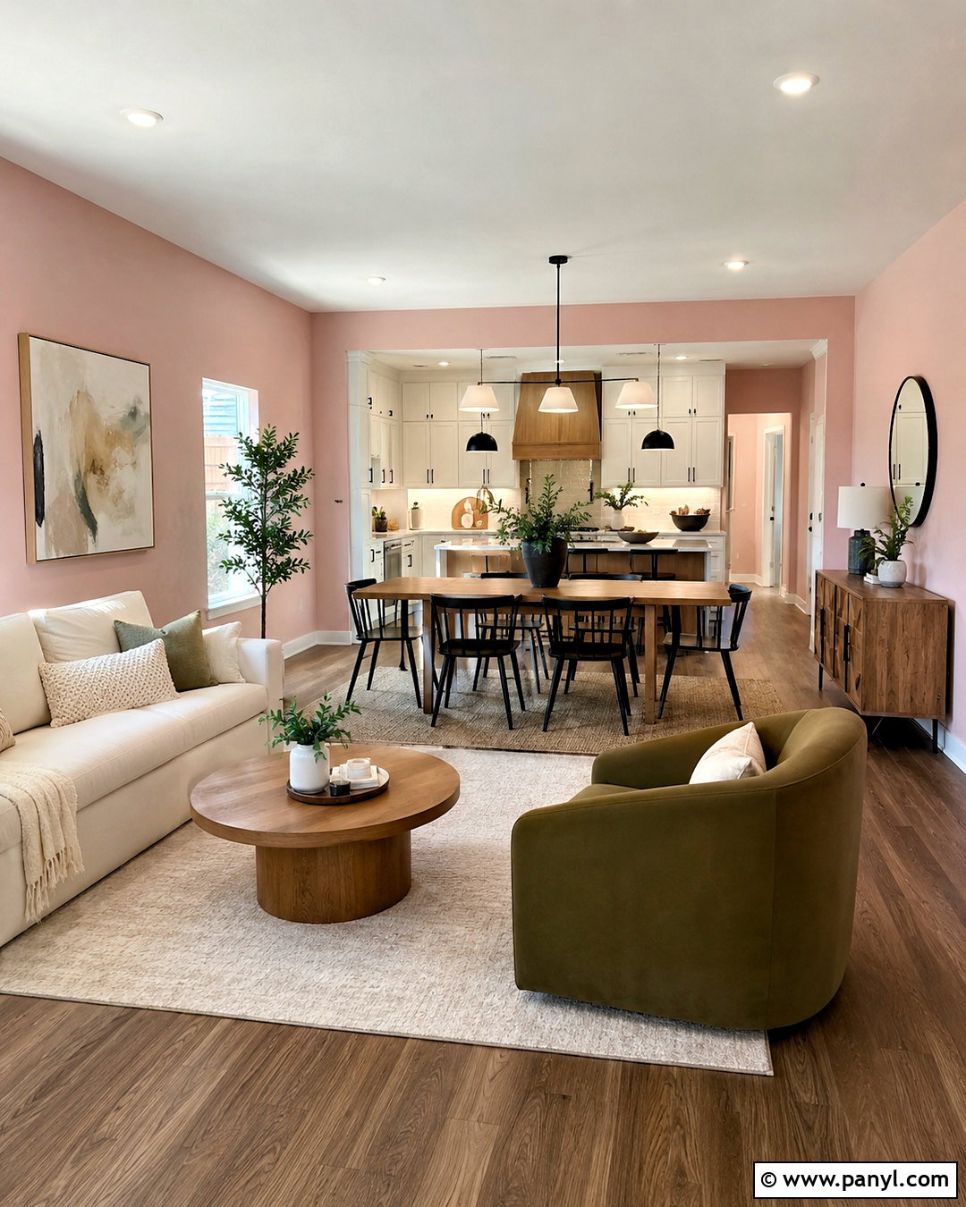 Light Pink Open-Plan Room With Coordinated Zones - 40 light pink walls