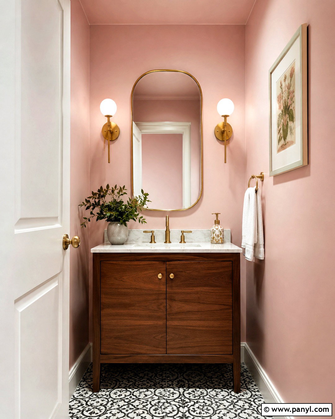 Light Pink Powder Room With Brass Fixtures - 40 light pink walls