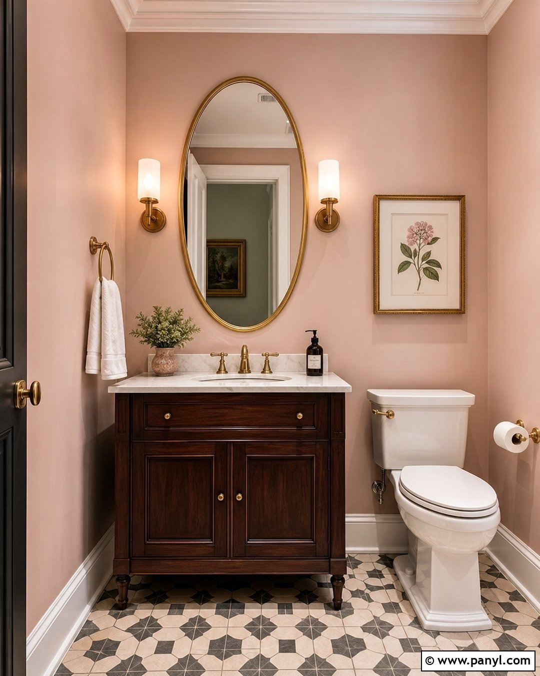 Light Pink Powder Room With Dark Wood - 30 Light Pink Wall Color Ideas