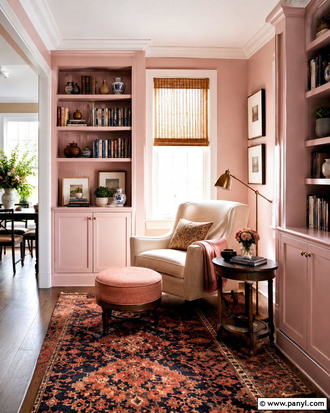 Light Pink Reading Nook With Built-In Shelves - 40 light pink walls