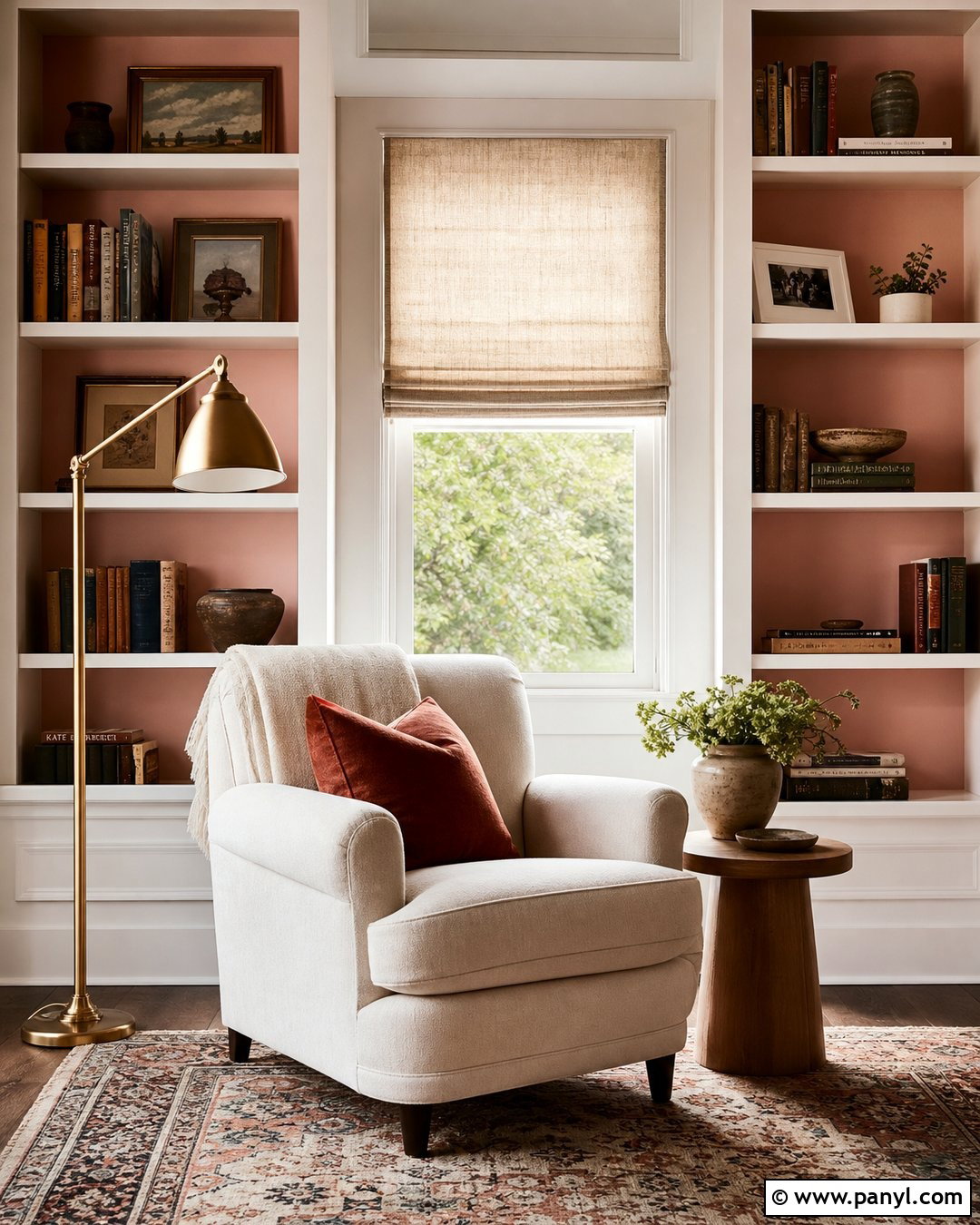 Light Pink Reading Nook With Built-In Shelves - 30 Light Pink Wall Color Ideas