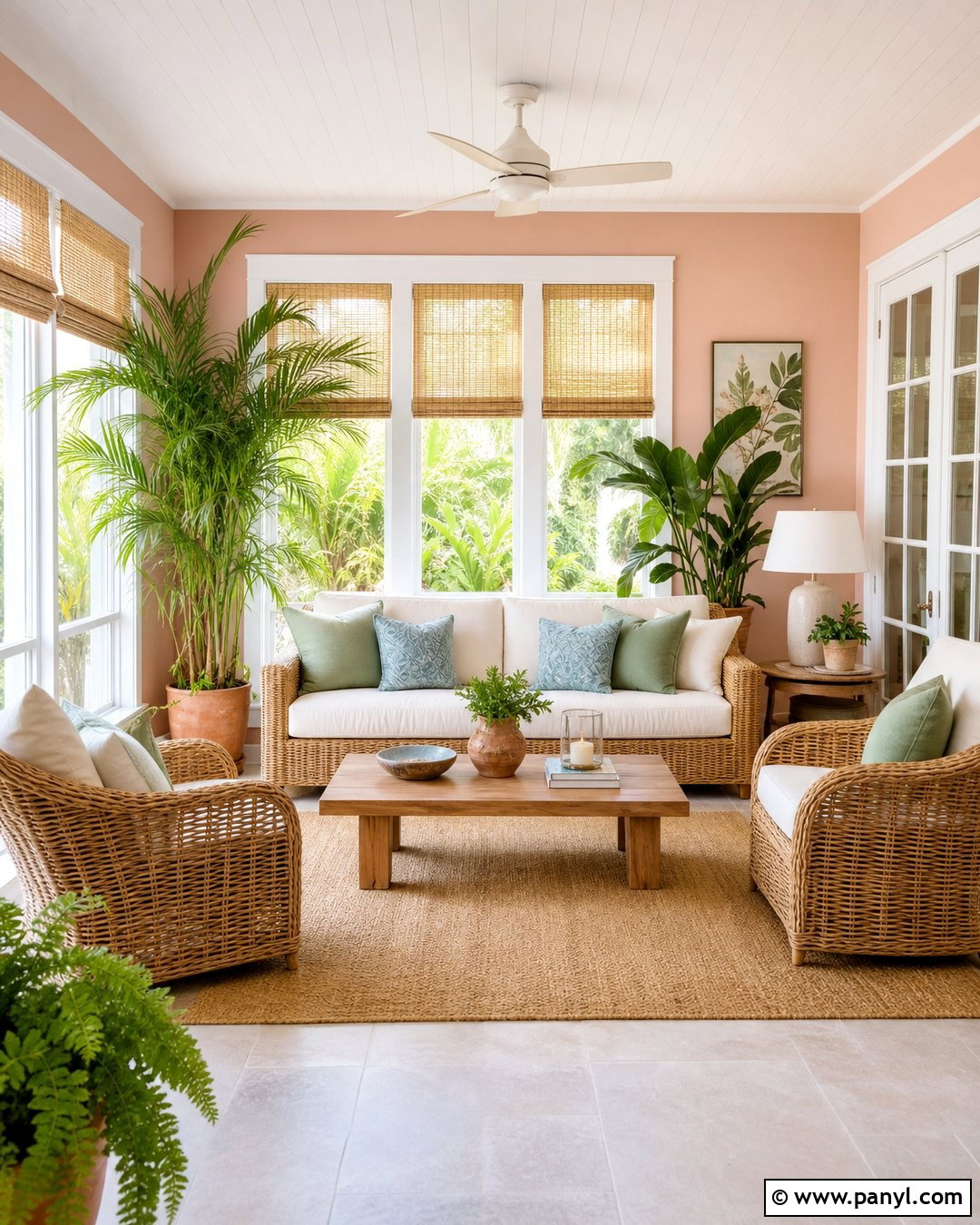 Light Pink Sunroom Walls With Wicker Furniture - 35 Light Pink Room Walls