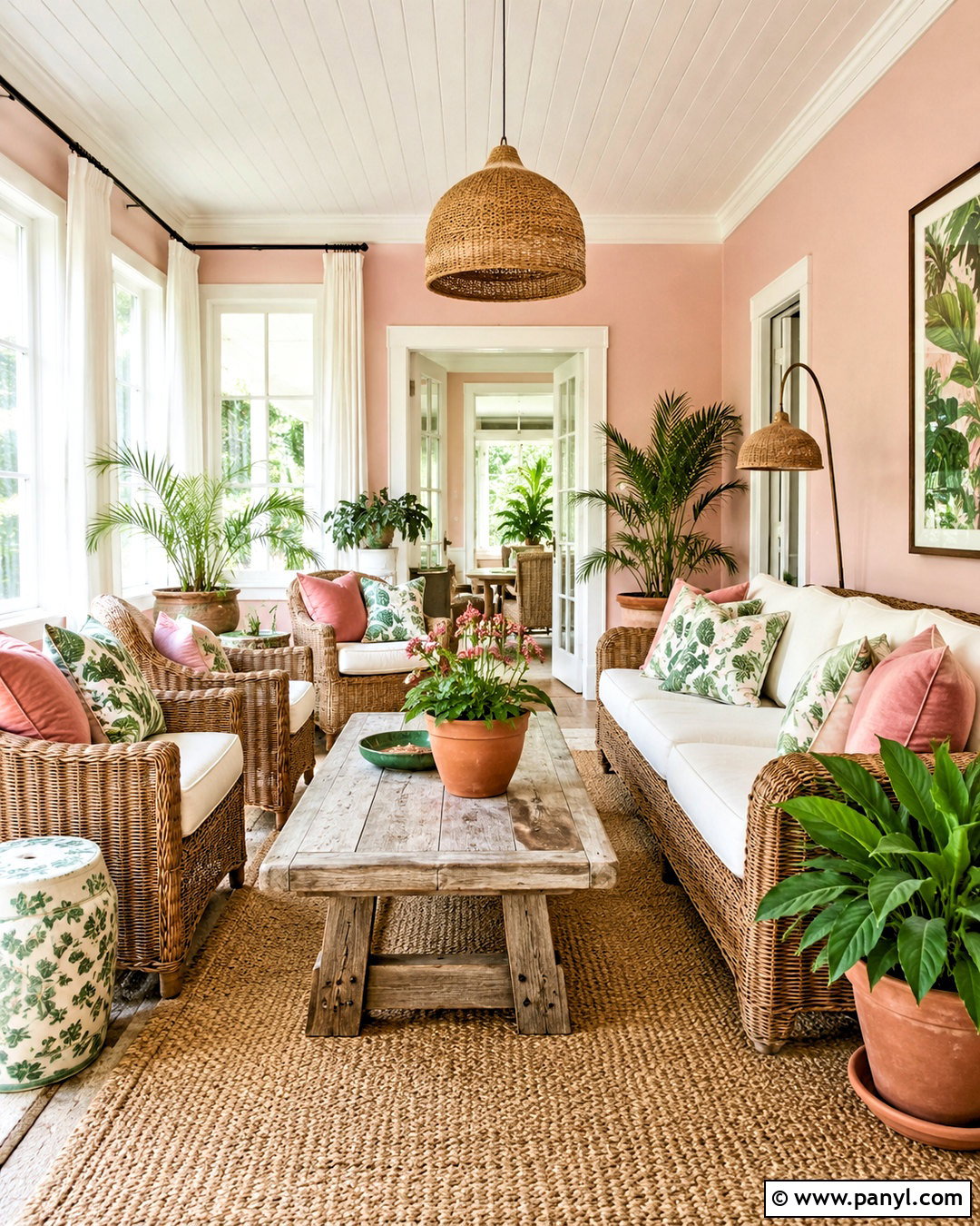 Light Pink Sunroom With Wicker Seating - 40 light pink walls