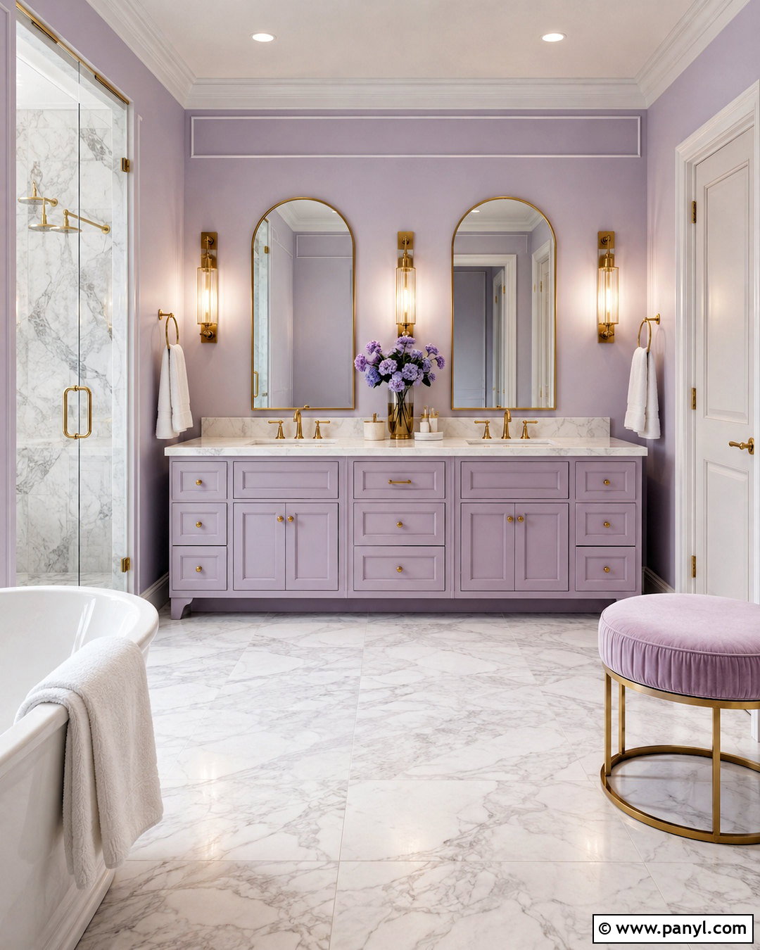 Light Purple Bathroom With Marble And Brass - 20 light purple bathroom ideas
