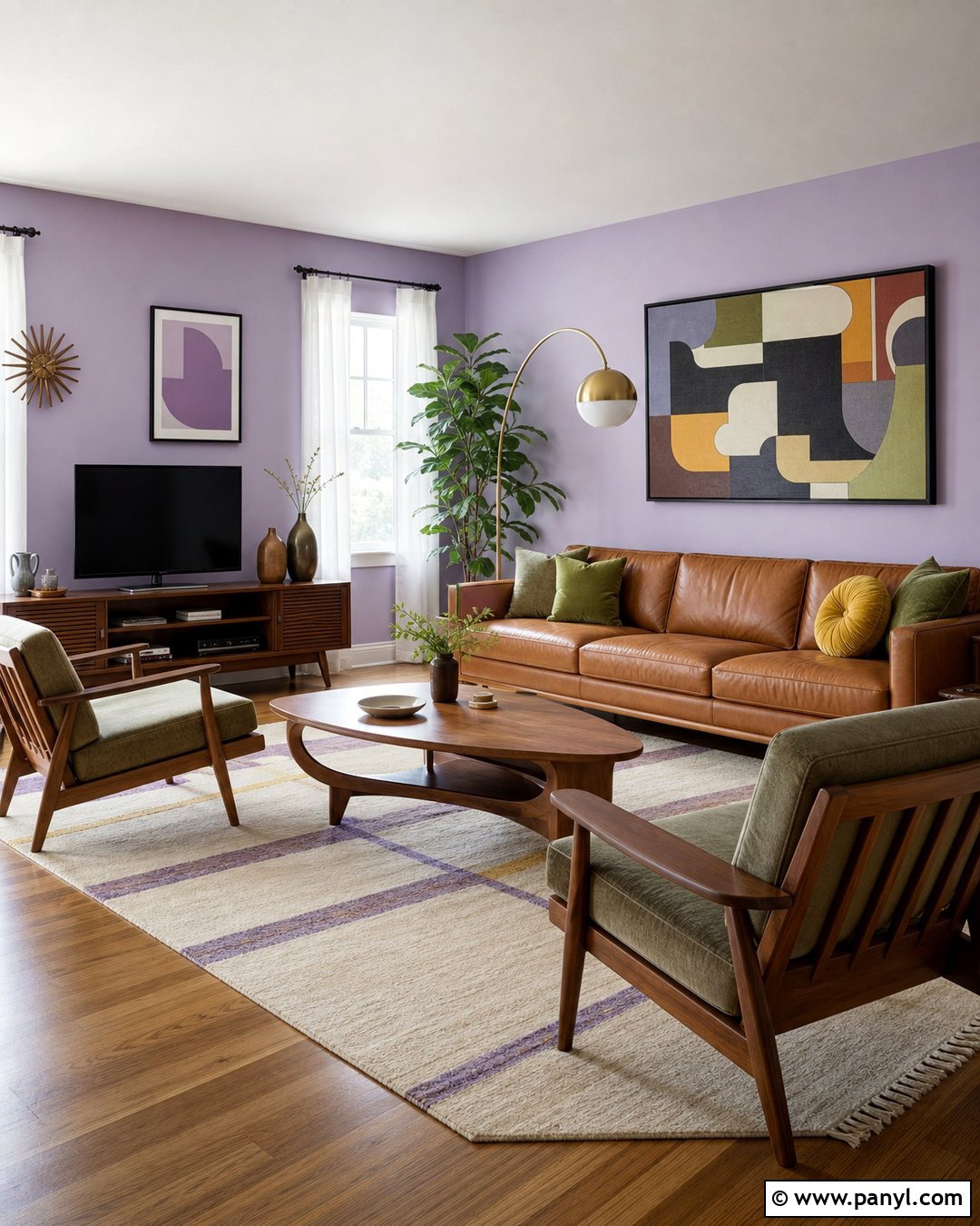 Light Purple Living Room With Midcentury Furniture - 35 Light Purple Walls