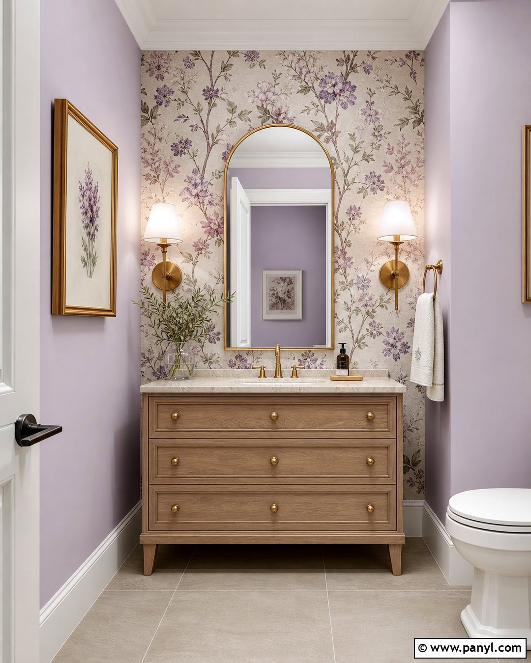 Light Purple Powder Room With Floral Wallpaper - 35 Light Purple Walls