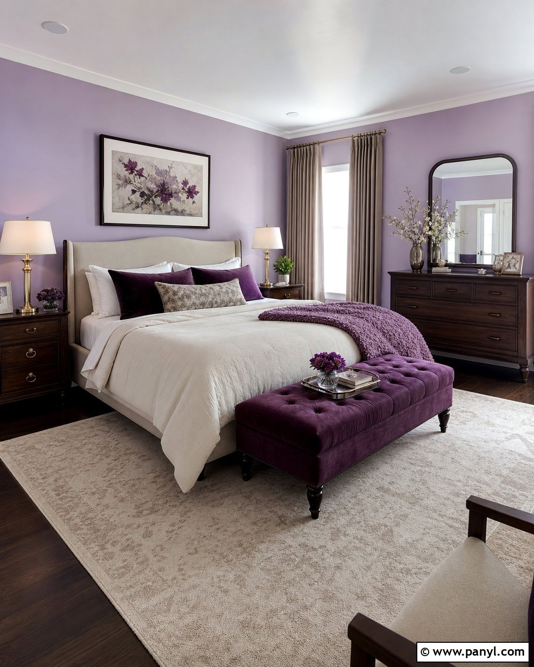 Light Purple Primary Bedroom With Plum Accents - 35 Light Purple Walls