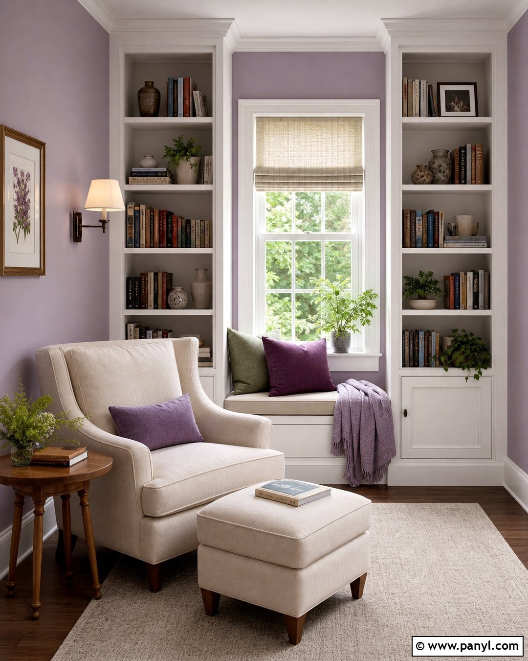Light Purple Reading Nook With Built-In Shelves - 35 Light Purple Walls