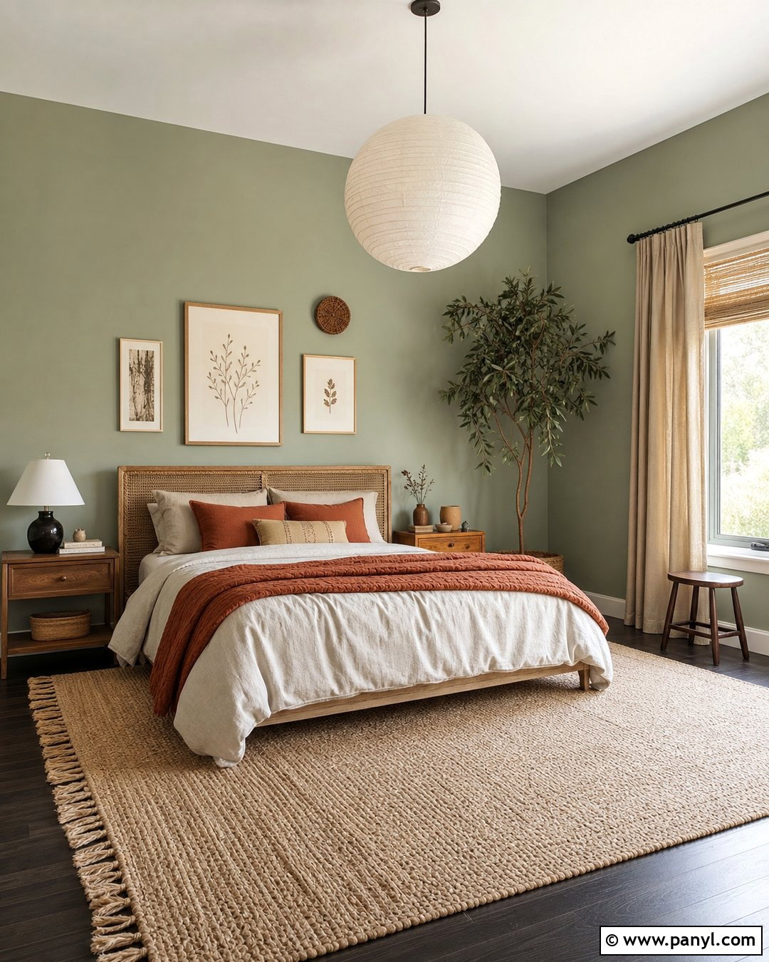 Light Sage Boho Bedroom With Dark Floors - 20 Light Green Walls Dark Floors