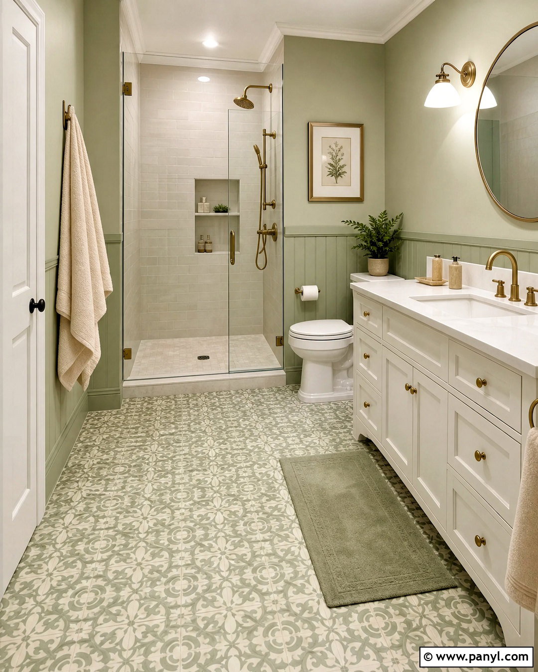 Light Sage Green Bathroom With Patterned Floor Tile - 20 light sage green bathroom ideas