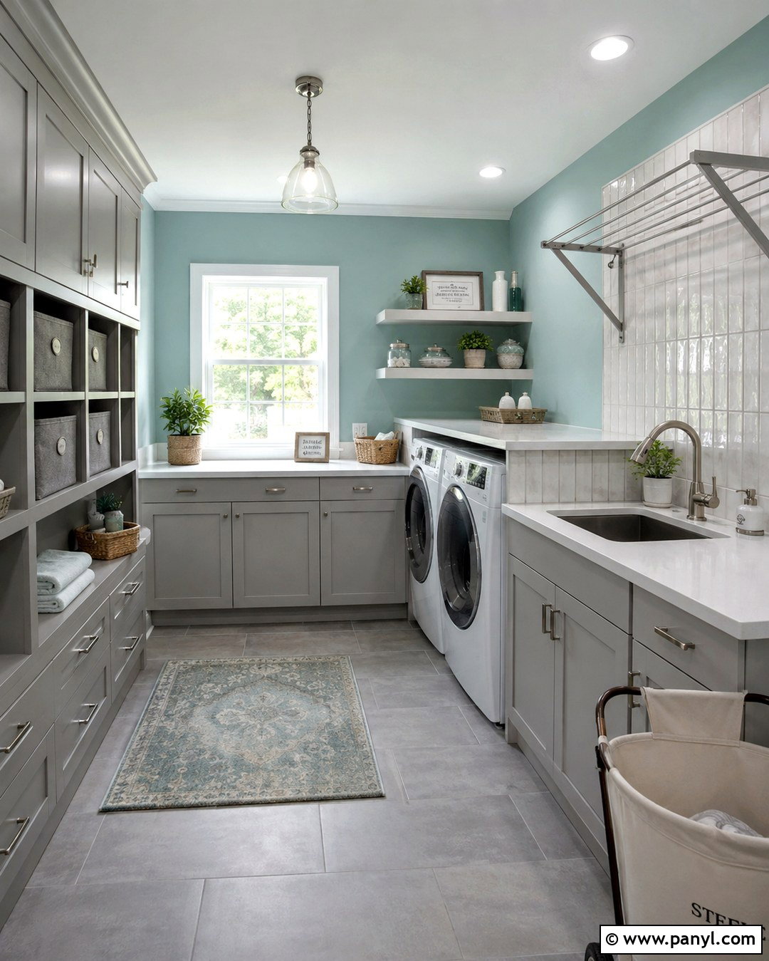 Light Teal Laundry Room With Gray Cabinets - 20 Teal Wall Laundry Space Ideas