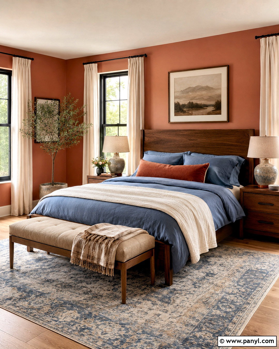 Light Terracotta Walls With Dusty Blue Bedding - 40 Light Terracotta Walls