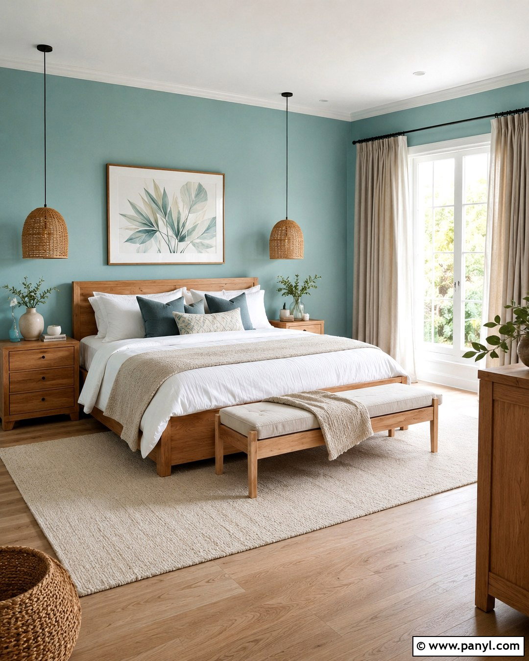 Light Turquoise Bedroom With Natural Wood - 20 Light Turquoise Wall Ideas