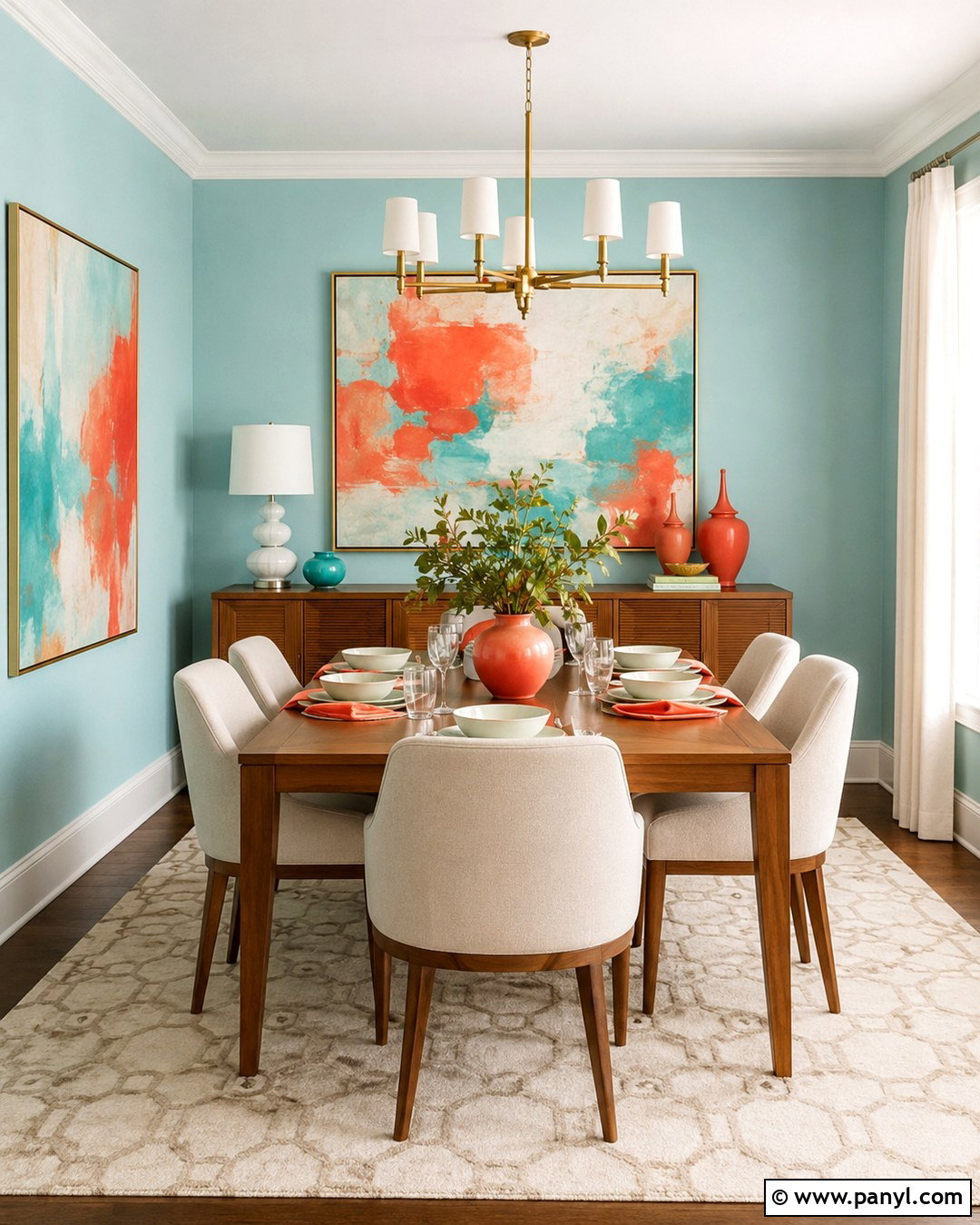 Light Turquoise Dining Room With Coral Accents - 20 Light Turquoise Wall Ideas