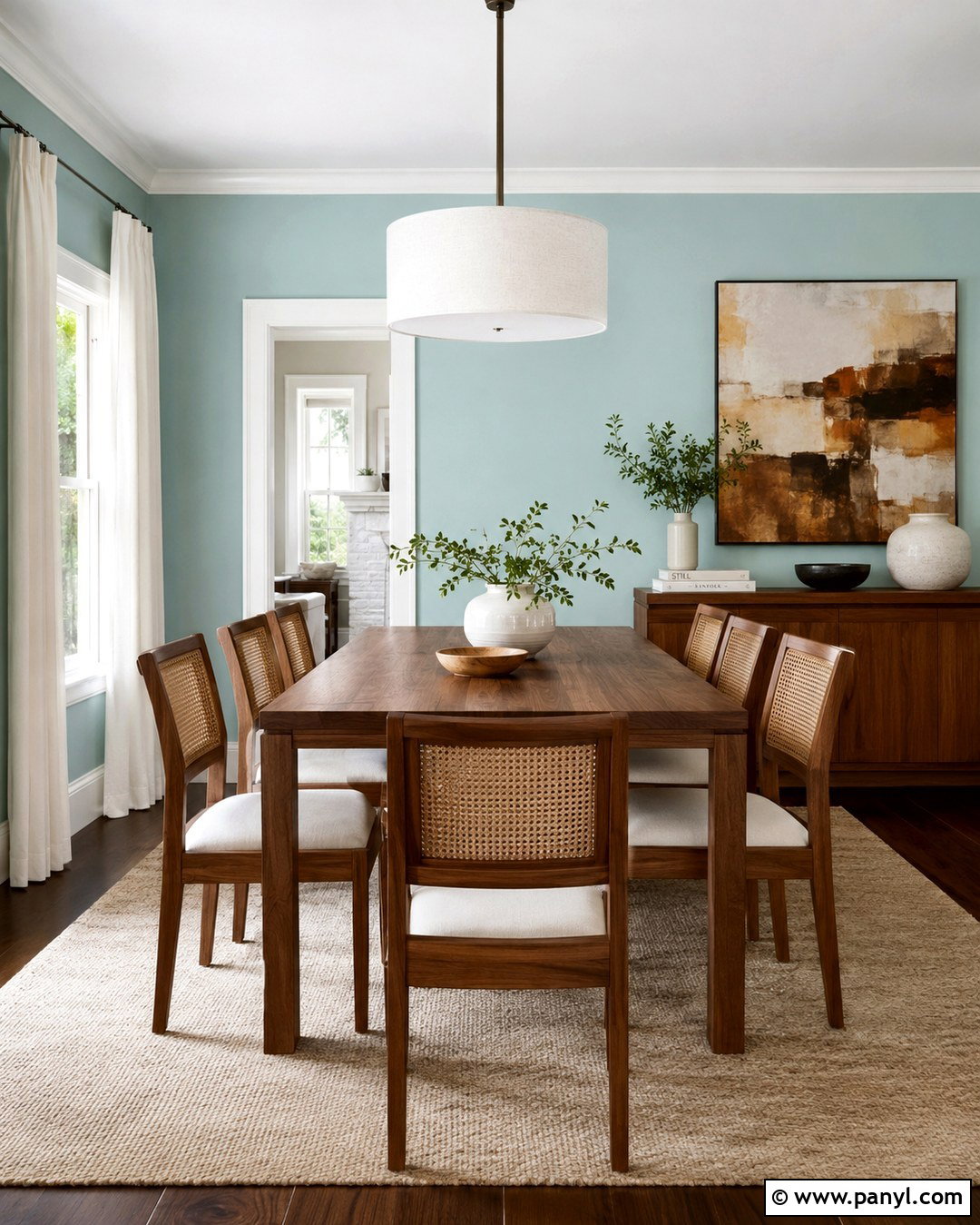 Light Turquoise Dining Room With Natural Wood - 20 Light Turquoise Wall Paint Ideas