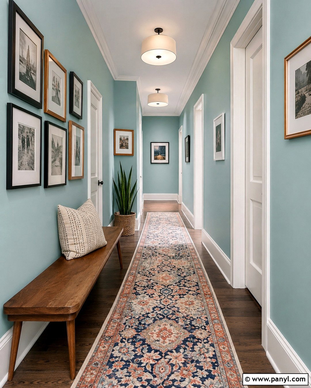 Light Turquoise Hallway With Gallery Wall - 20 Light Turquoise Wall Paint Ideas