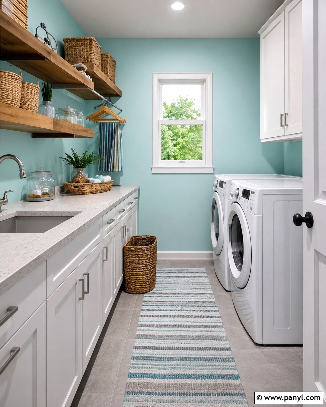 Light Turquoise Laundry Room With Wood Shelves - 20 Light Turquoise Wall Ideas