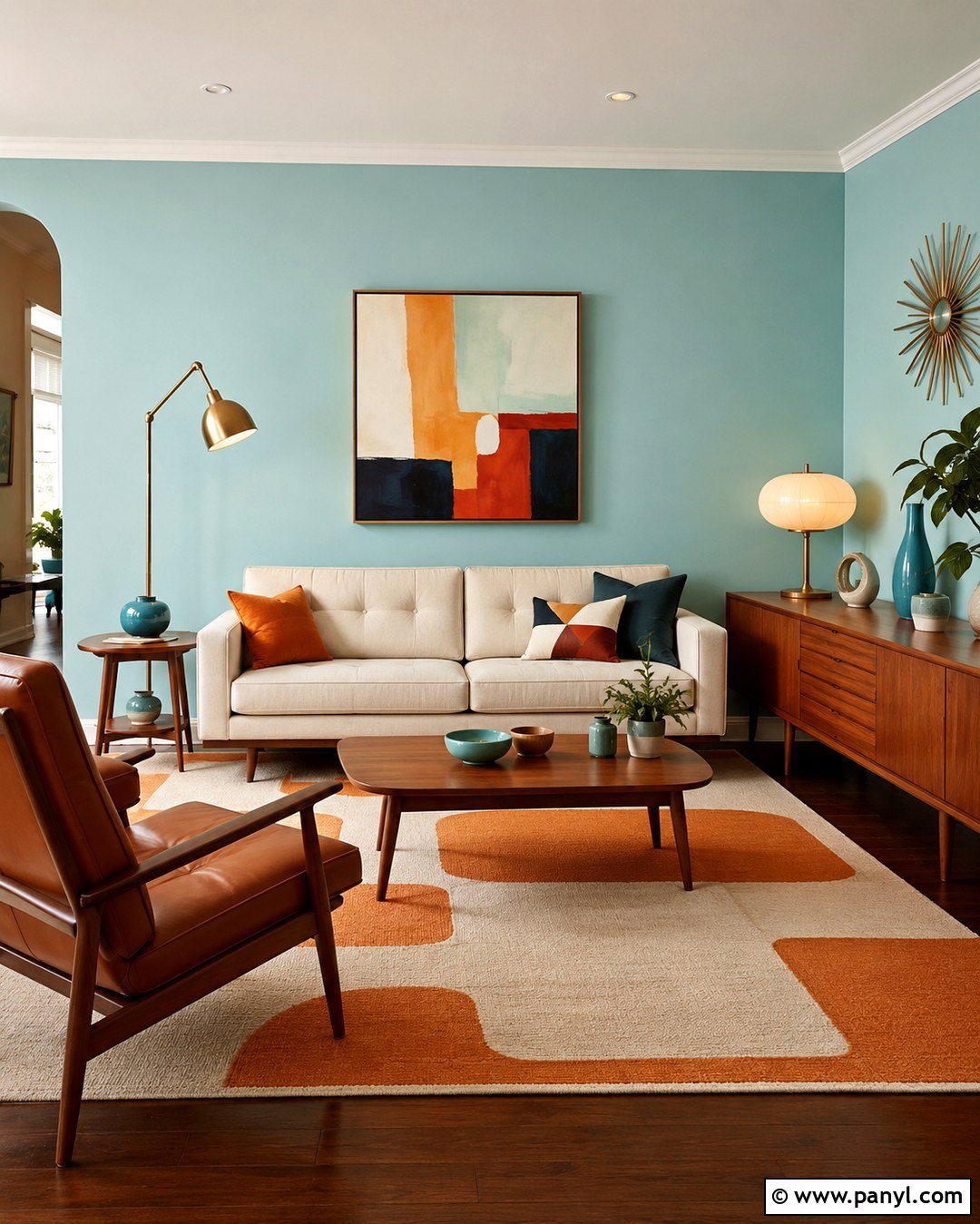 Light Turquoise Midcentury Living Room - 20 Light Turquoise Wall Paint Ideas