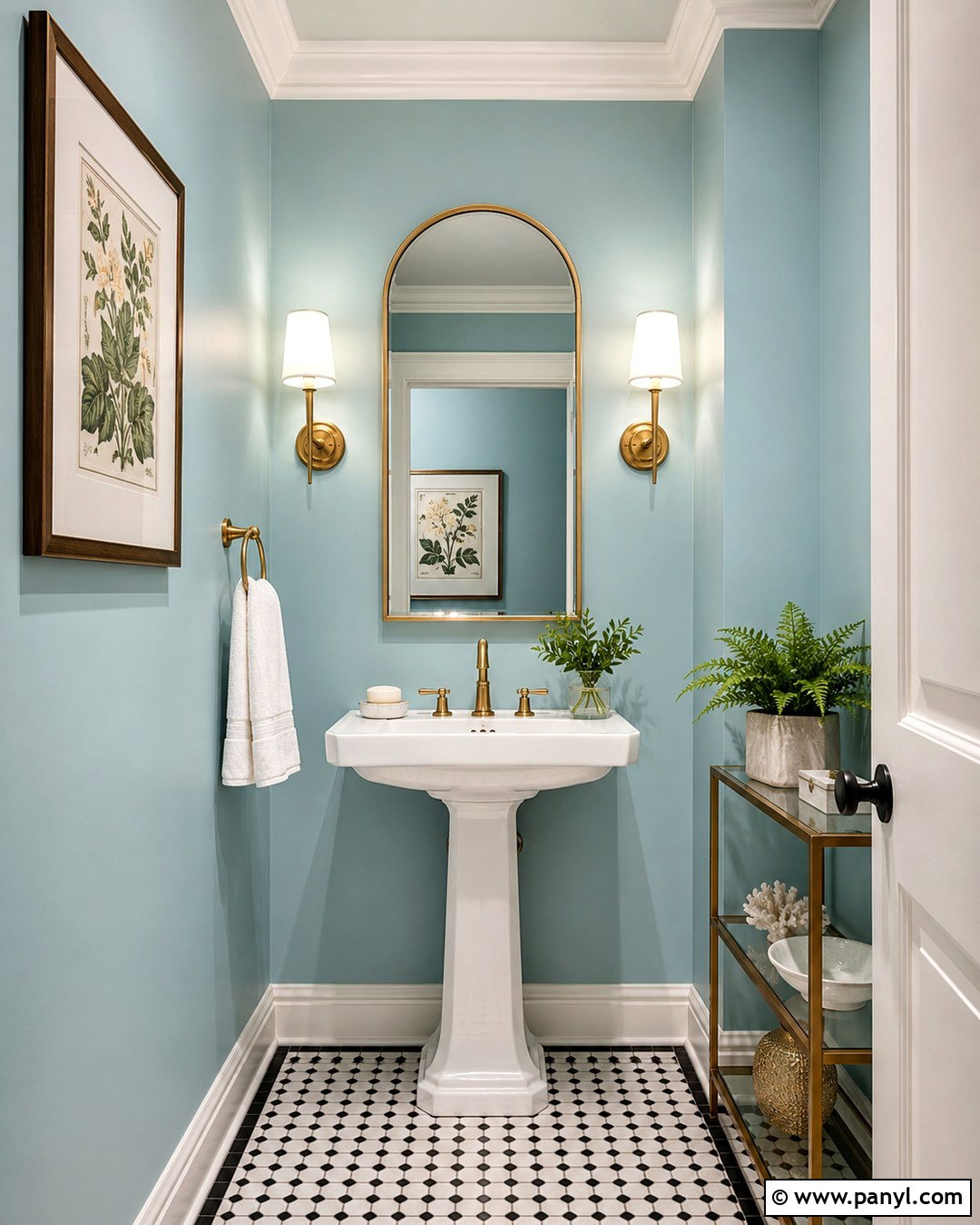 Light Turquoise Powder Room With Brass Fixtures - 20 Light Turquoise Wall Ideas