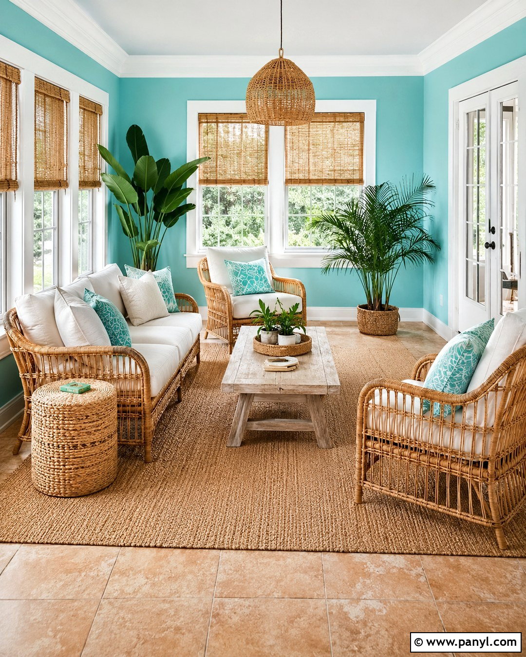 Light Turquoise Sunroom With Rattan Furniture - 20 Light Turquoise Wall Paint Ideas
