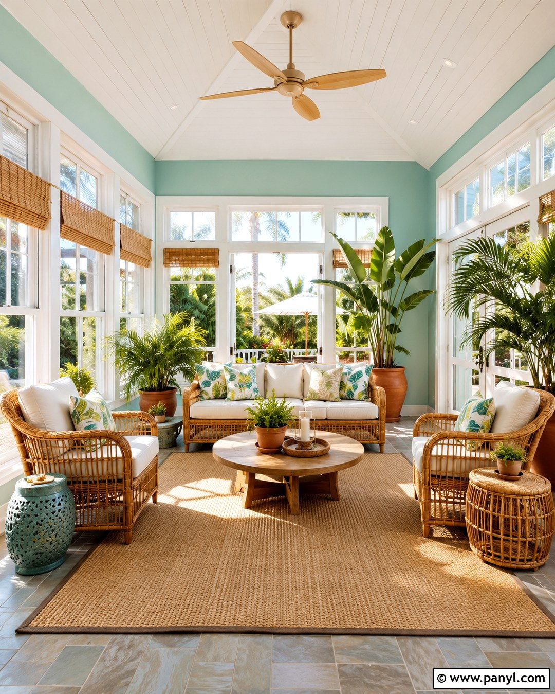 Light Turquoise Sunroom With Rattan Furniture - 20 Light Turquoise Wall Ideas