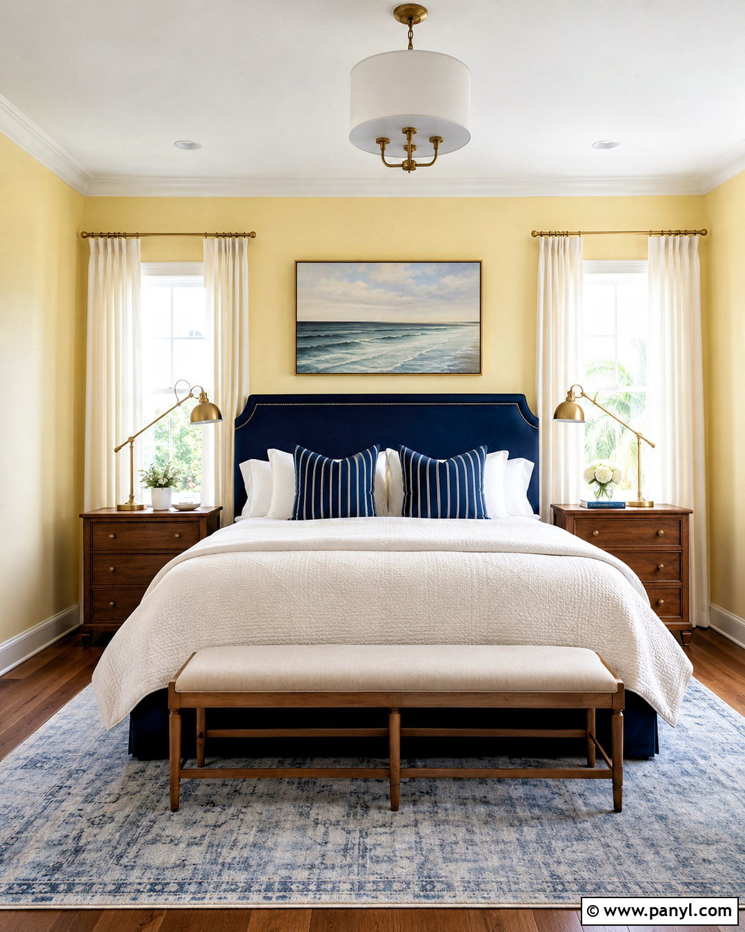 Light Yellow Bedroom With Navy Bedding - 40 light yellow walls