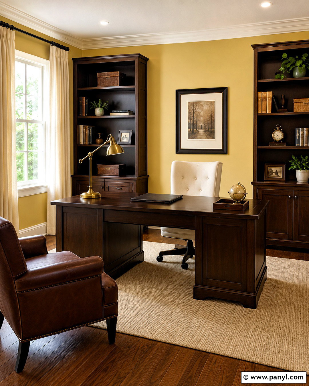 Light Yellow Home Office With Dark Wood Desk - 40 light yellow walls