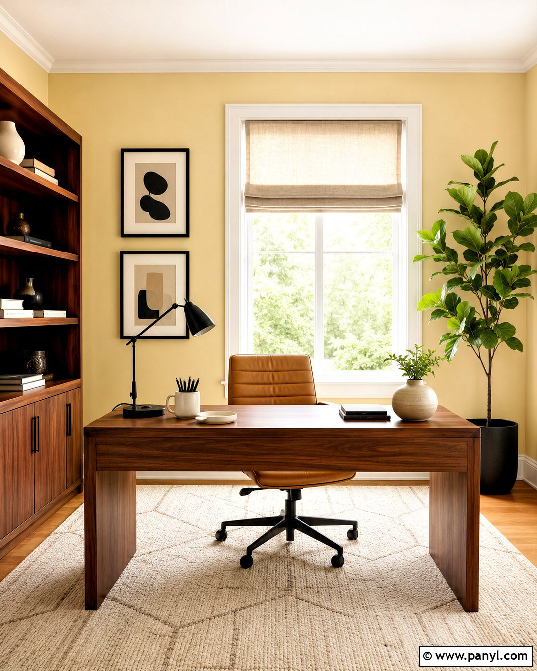 Light Yellow Home Office With Walnut Furniture - 20 light yellow room ideas